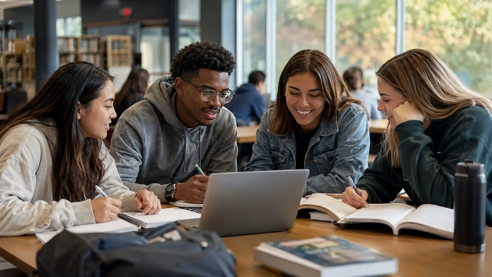 Diverse community college students collaborating around a laptop and textbooks in a modern campus library.