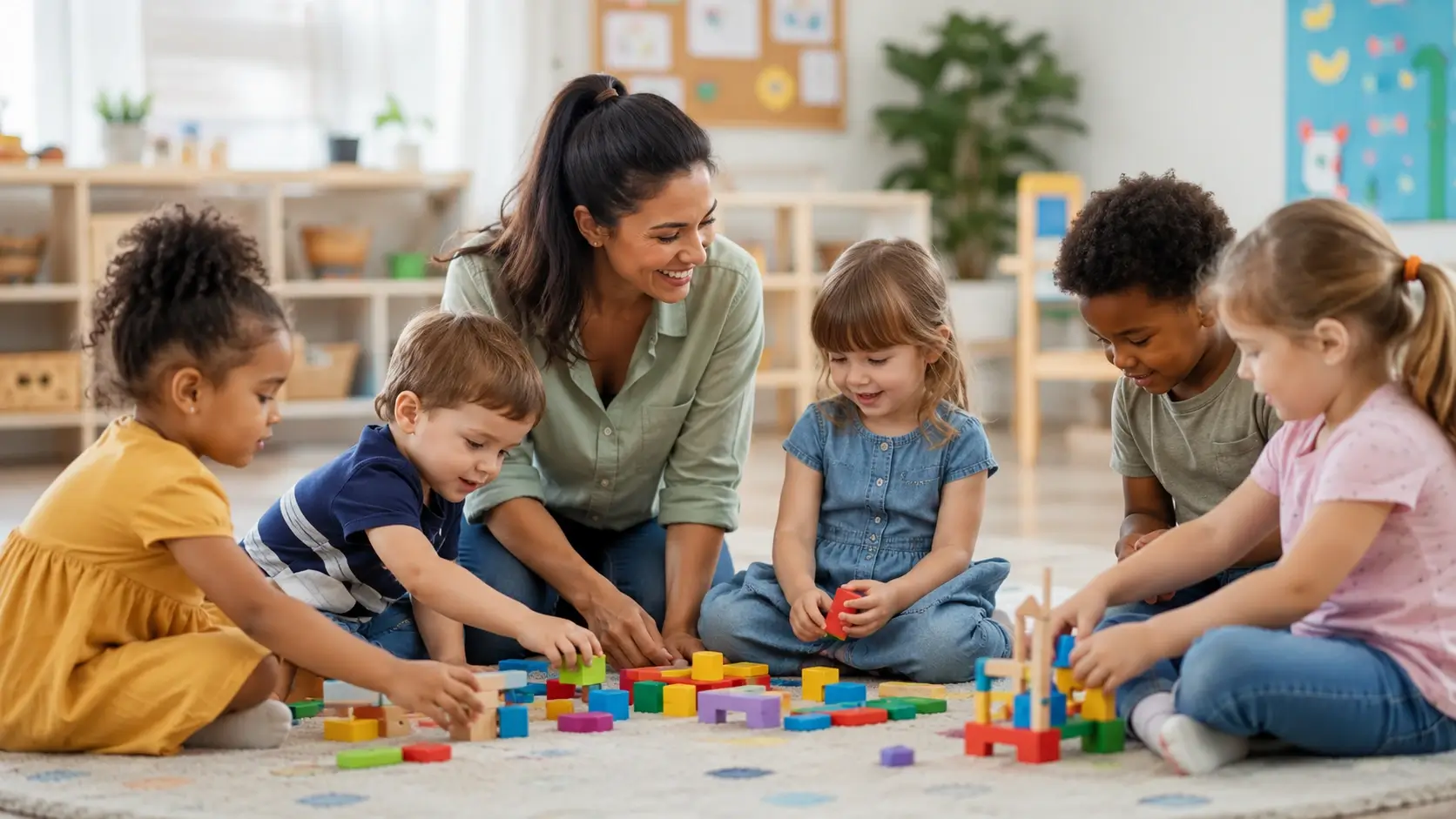 Preschool teacher playing with colorful building blocks alongside a diverse group of young children in a bright daycare classroom.
