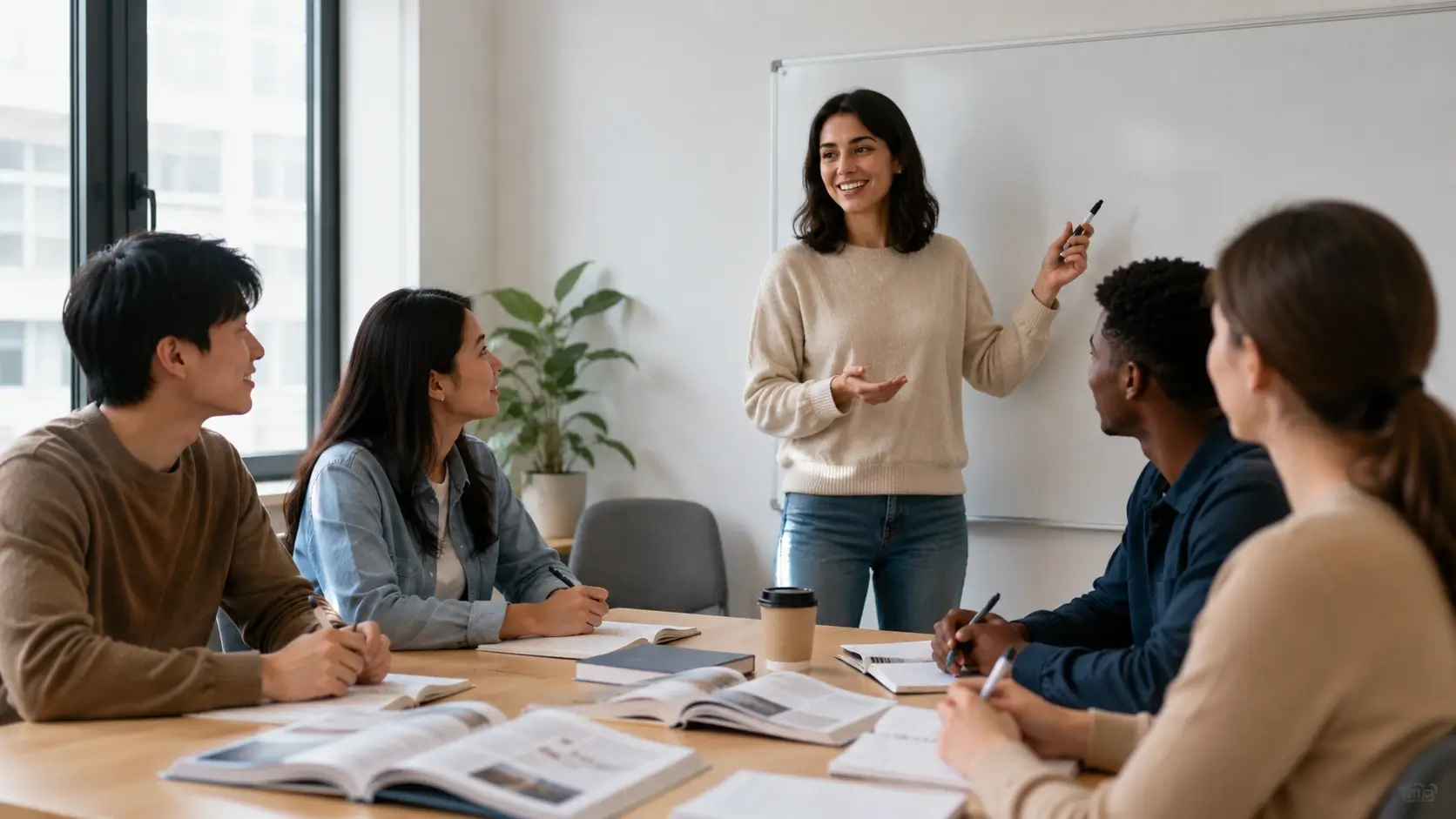 Language instructor leading an interactive adult class with diverse learners seated around a table in a modern classroom.