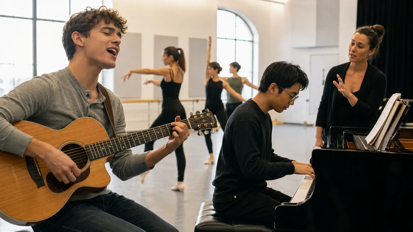 Students practicing guitar and piano while dancers rehearse in the background of a professional performing arts school.