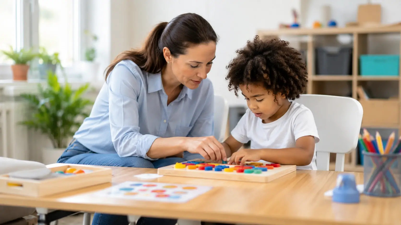Special education teacher supporting a child with a hands-on learning puzzle in a calm and welcoming learning center.