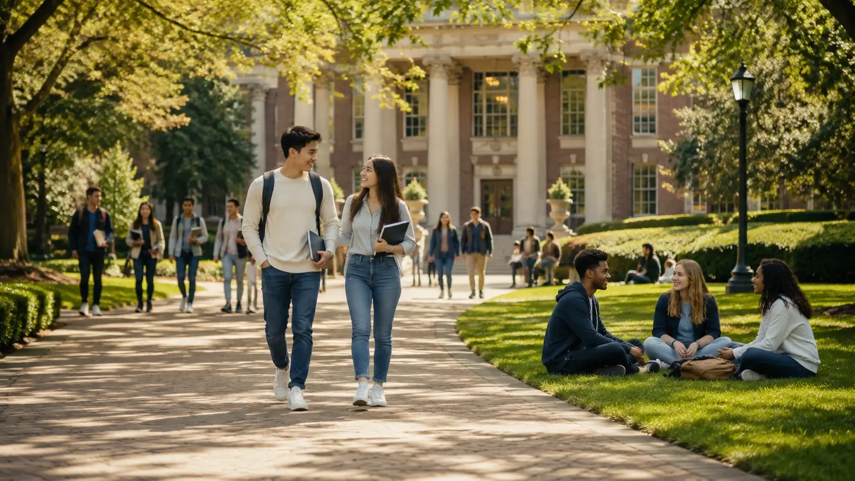 University students walking and socializing on a green campus in front of a traditional academic building.