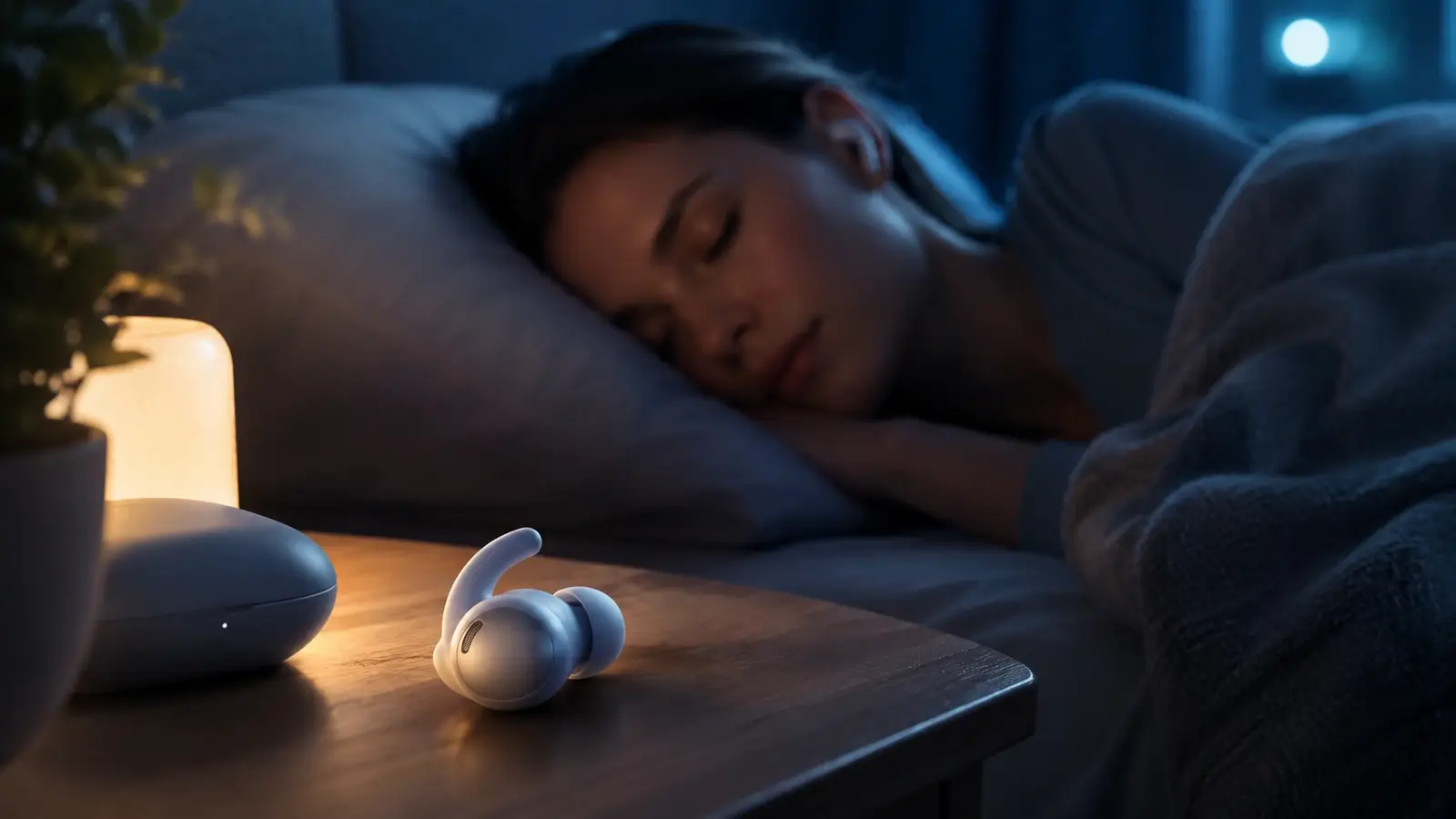 AI-powered sleep earbuds on a bedside table beside a sleeping woman in a calm nighttime bedroom with warm ambient lighting.