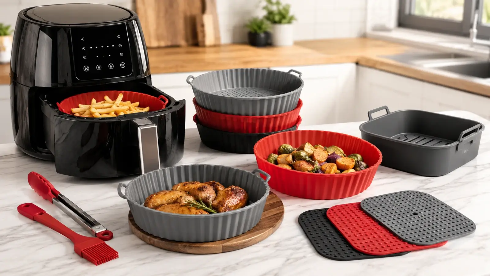 Hero image of air fryer silicone accessories in a modern kitchen, featuring practical silicone tools and a clean lifestyle setup.