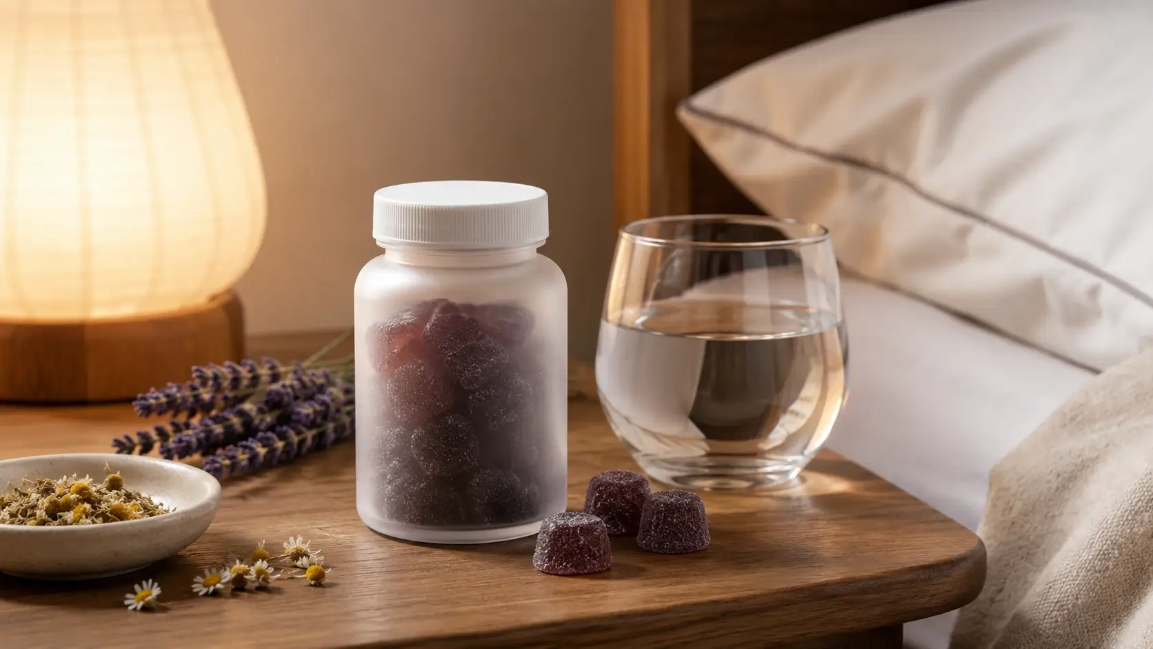 A calming hero image with sleep gummies styled on a cozy nightstand alongside soft nighttime details for a restful wellness mood.