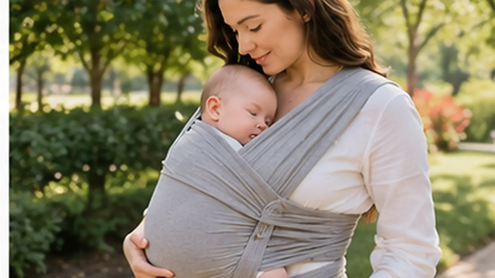 Realistic ergonomic baby wrap carrier hero image showing a mother comfortably carrying a sleeping baby in a supportive wrap outdoors.