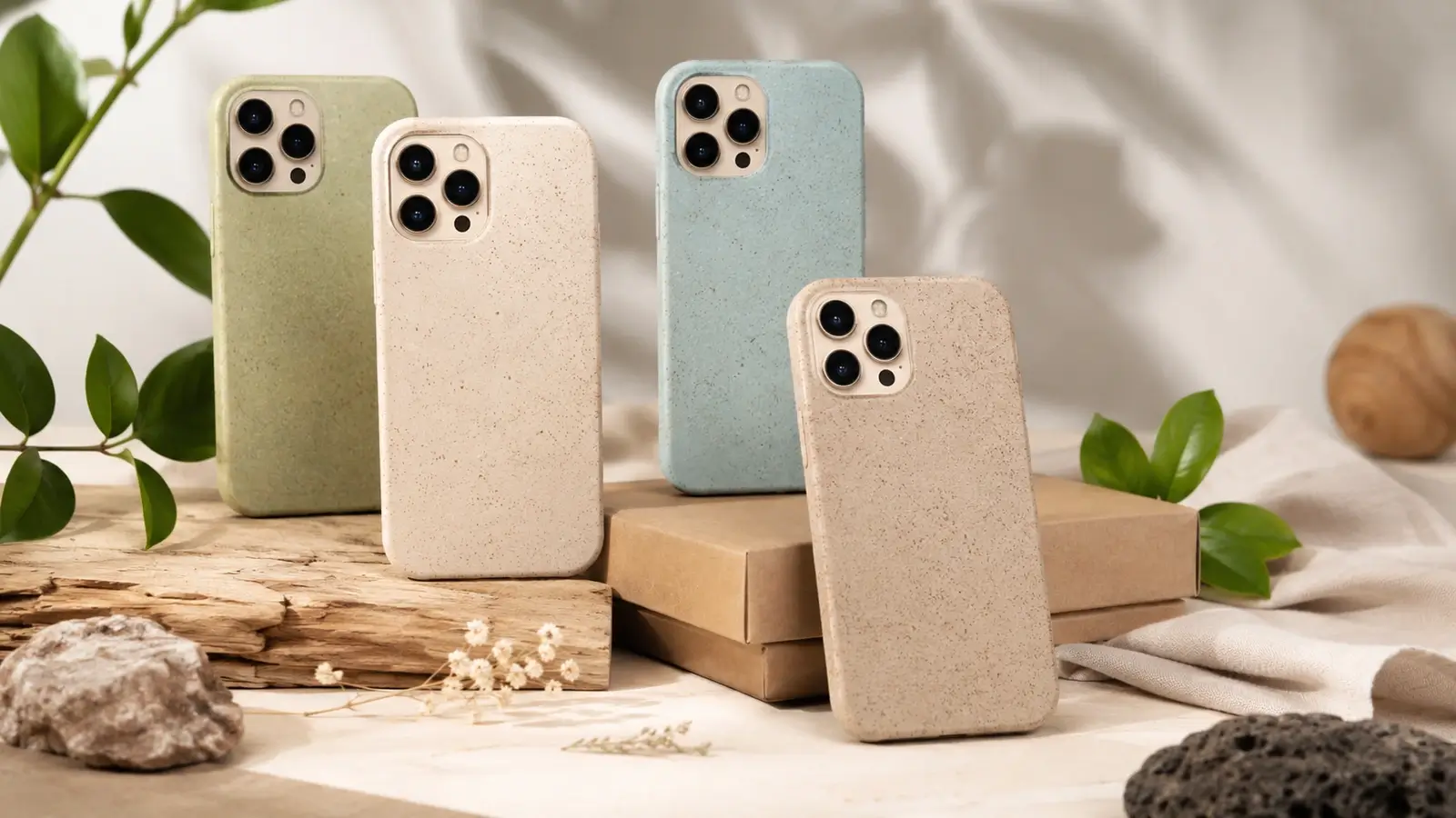 Biodegradable speckled phone cases displayed in an eco-themed product setup with natural materials and soft daylight.