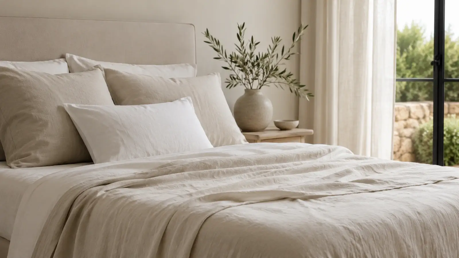 Hero image of thermal blackout curtains in a minimalist bedroom, showing soft natural light control and a calm interior mood.