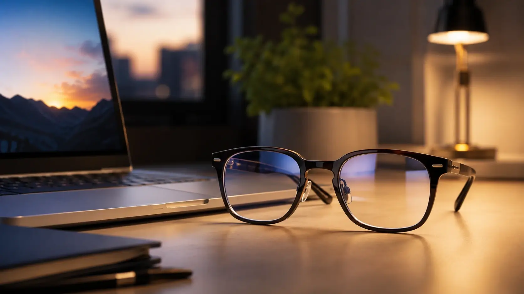 Cozy modern workspace with laptop and eyewear setup, representing blue light blocking glasses for screen users.