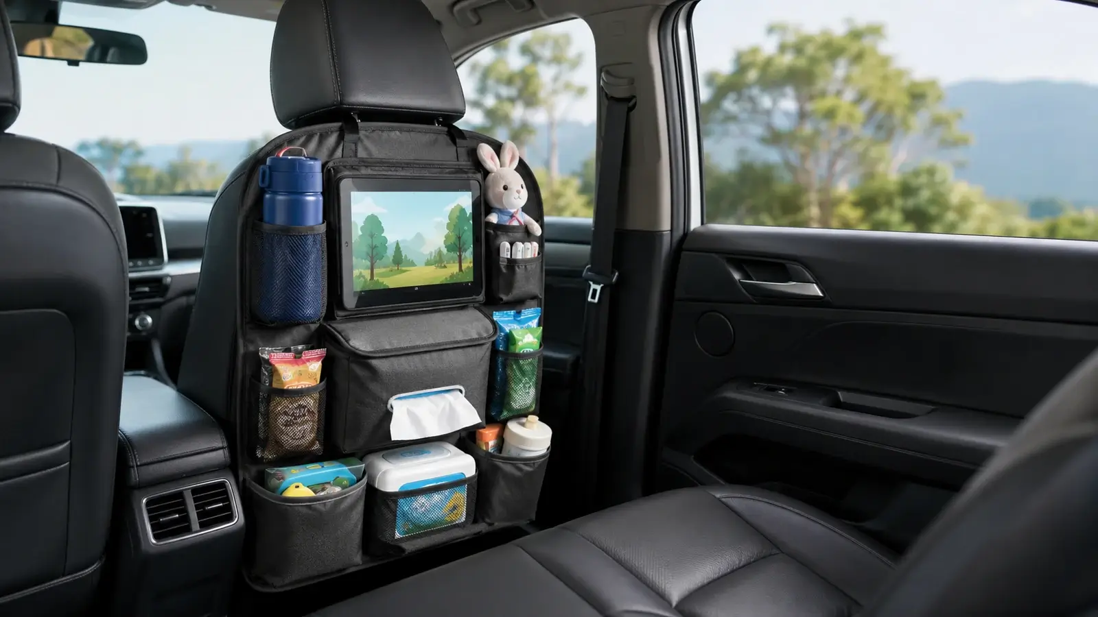 A tidy car interior featuring practical family travel essentials and seat-back storage solutions.