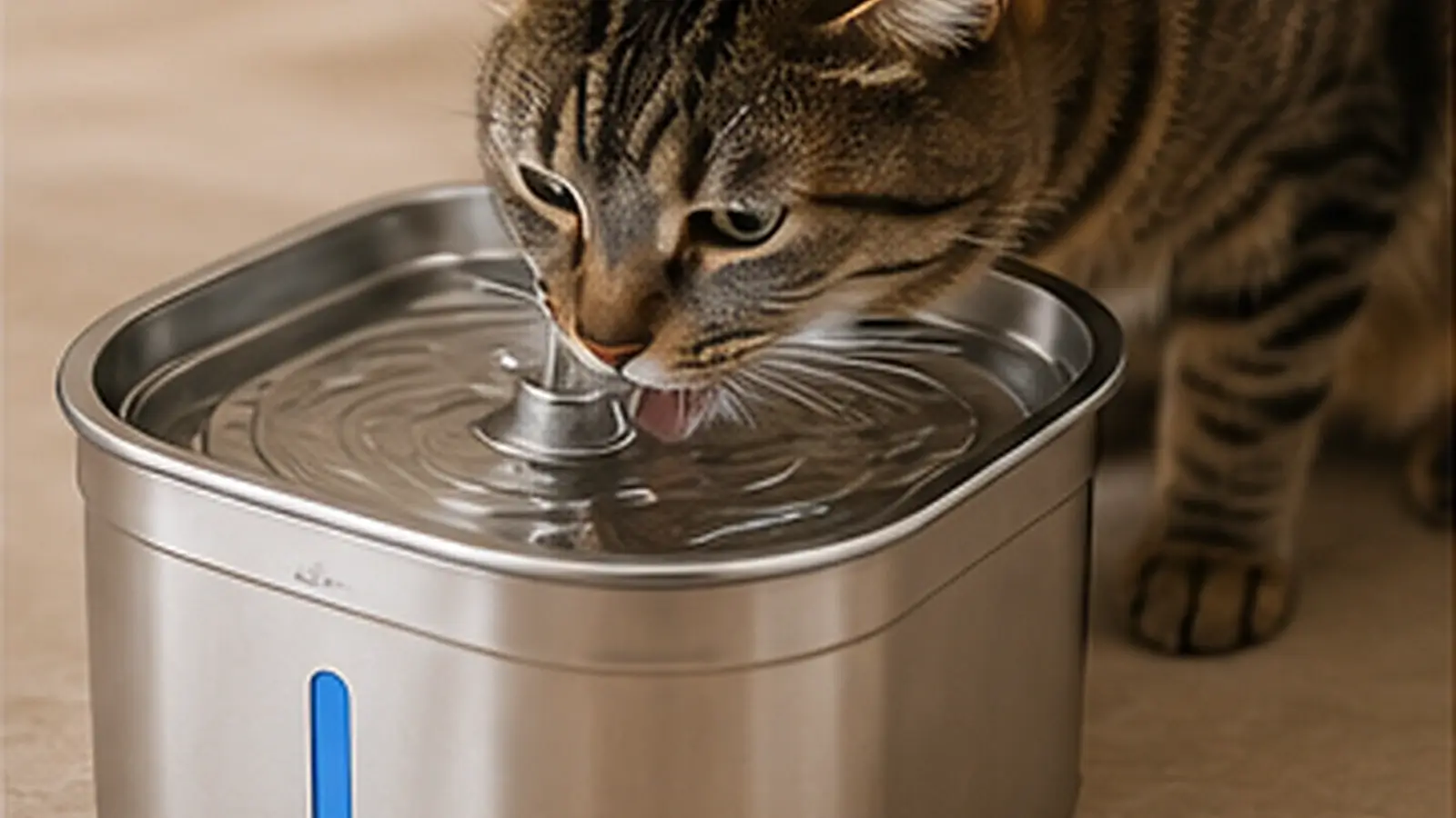 Realistic cat stainless water fountain hero image showing a cat drinking fresh circulating water from a modern metal pet fountain.