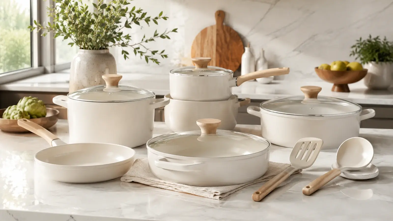Hero image of ceramic non-toxic cookware styled in a bright modern kitchen, showing clean, premium cookware arranged in a real home setting.