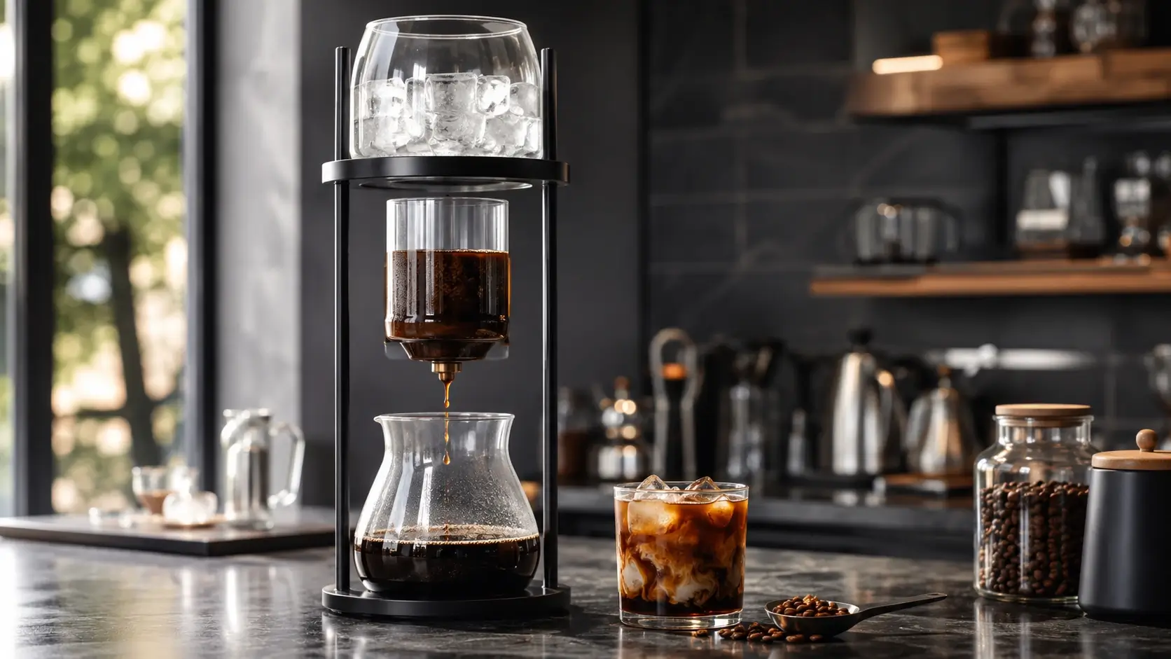 A premium hero image of a cold brew coffee setup on a café countertop, highlighting elegant brewing equipment and a refined coffeehouse atmosphere.