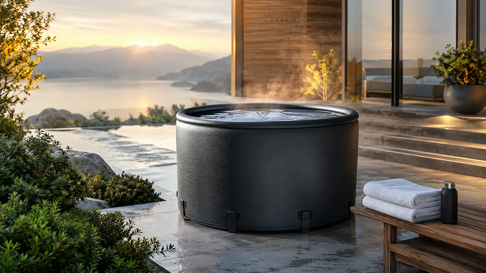 Luxury outdoor cold plunge tub beside a modern spa setting at sunset, styled as a premium wellness hero image.