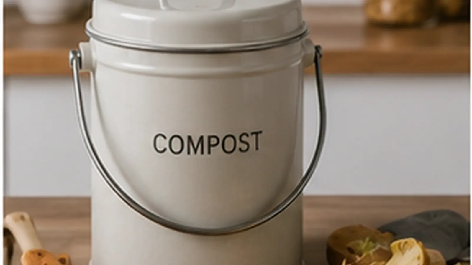 Realistic countertop compost bin hero image featuring a compact kitchen compost container with vegetable scraps in a clean modern kitchen.