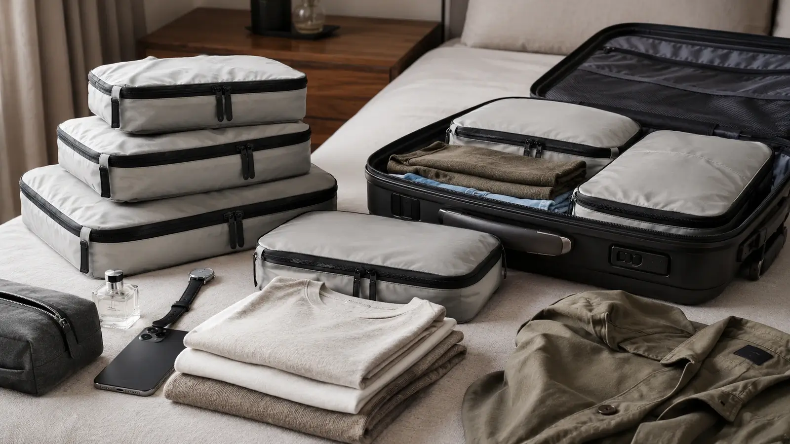 Organized travel packing with compression packing cubes arranged neatly in soft, premium lighting.