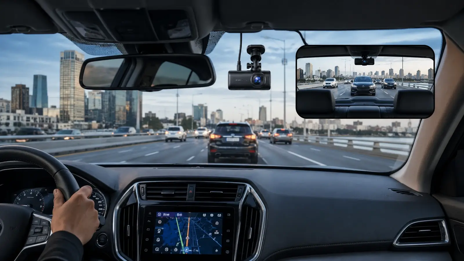 A vehicle driving through a city skyline with emphasis on modern dash camera use and road visibility.