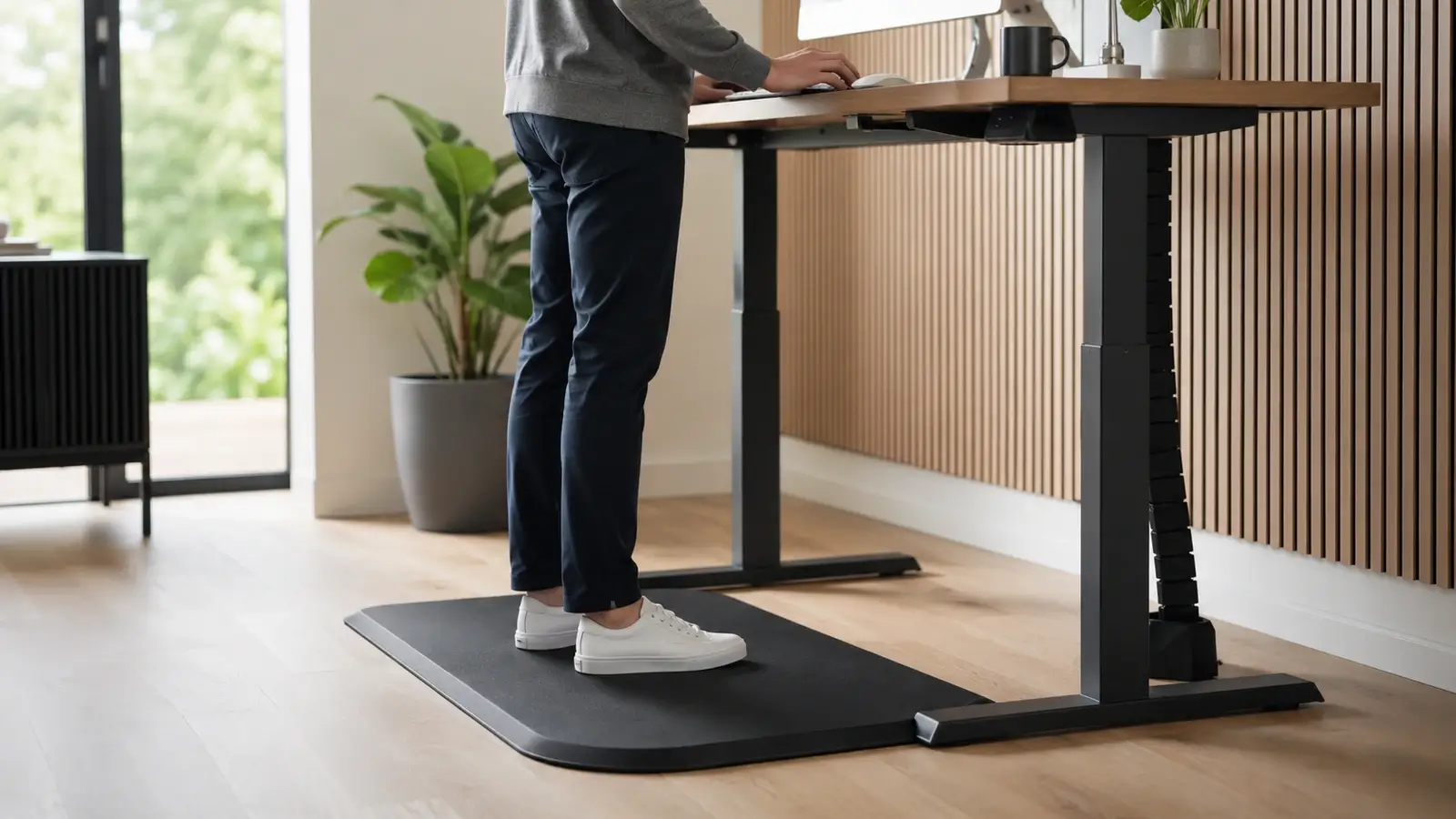 Anti-fatigue desk mat under a standing desk in a bright modern home office with a person working comfortably.