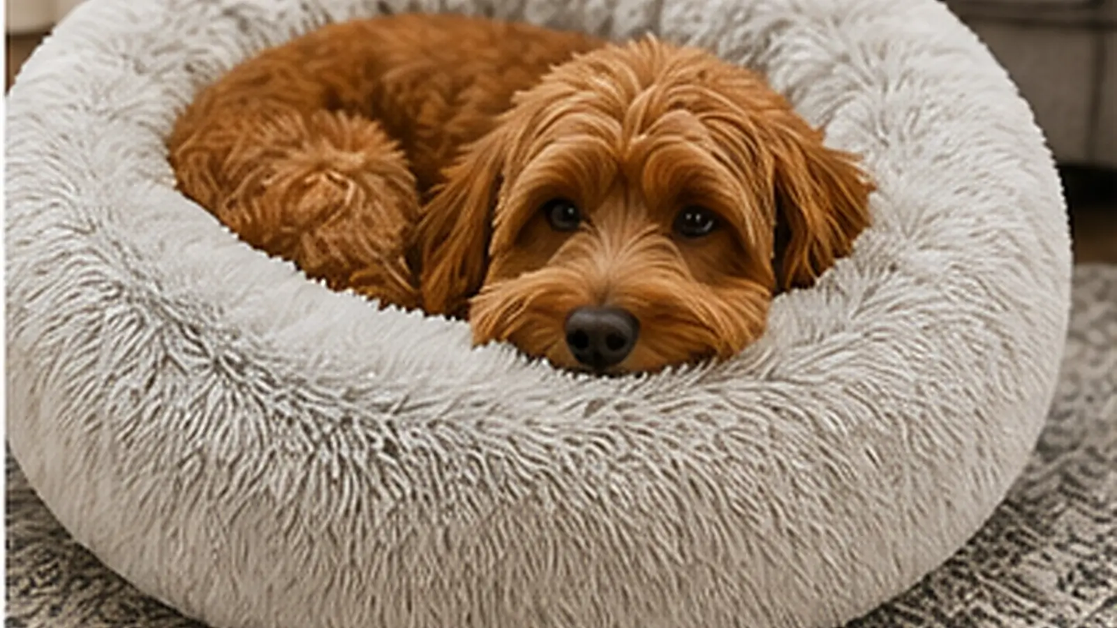 Realistic calming donut pet bed hero image showing a small dog resting comfortably in a soft round plush bed inside a cozy living room.