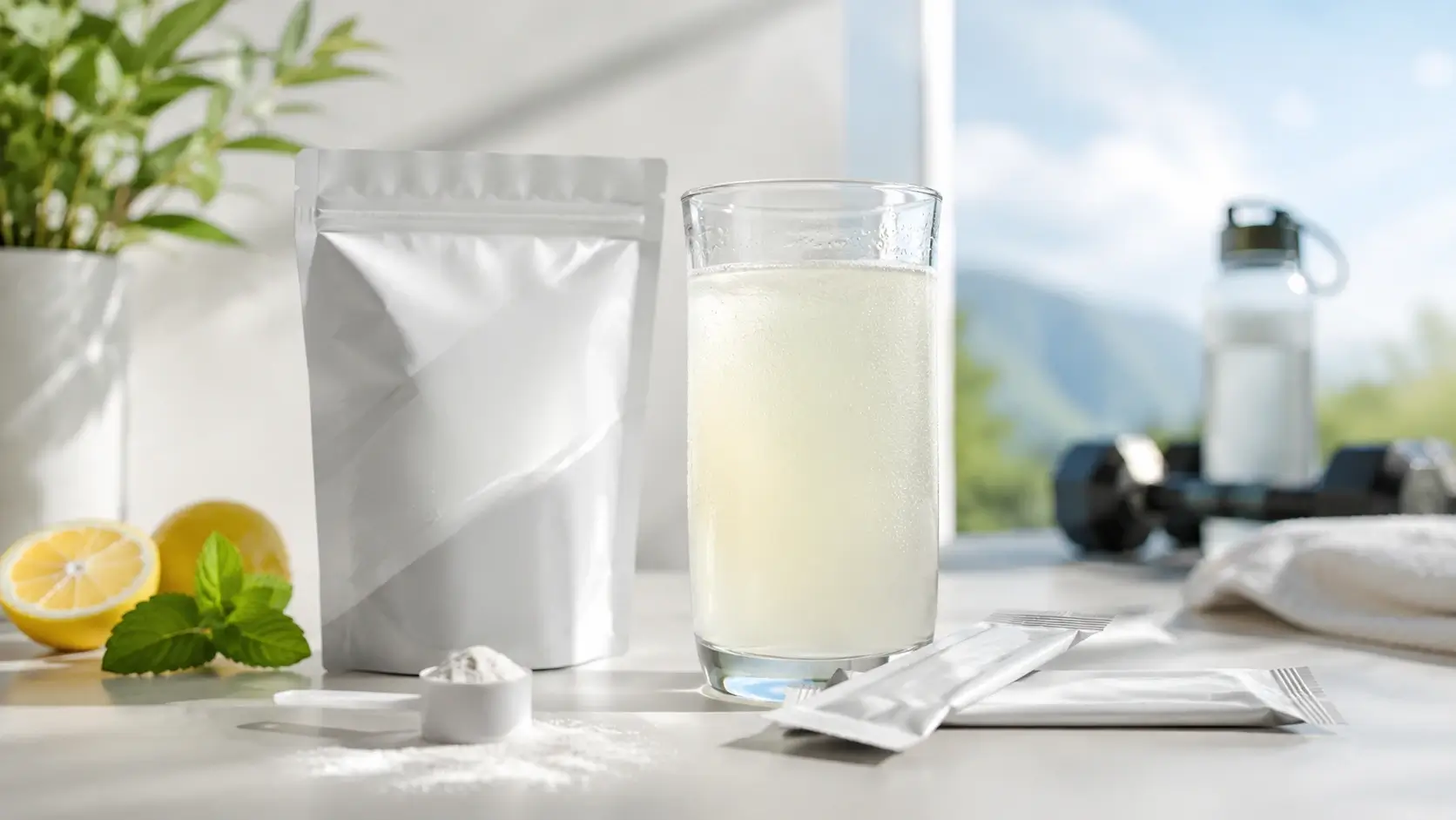 A vibrant hero image showing a refreshing hydration drink with citrus accents, communicating energy, wellness, and post-workout hydration.