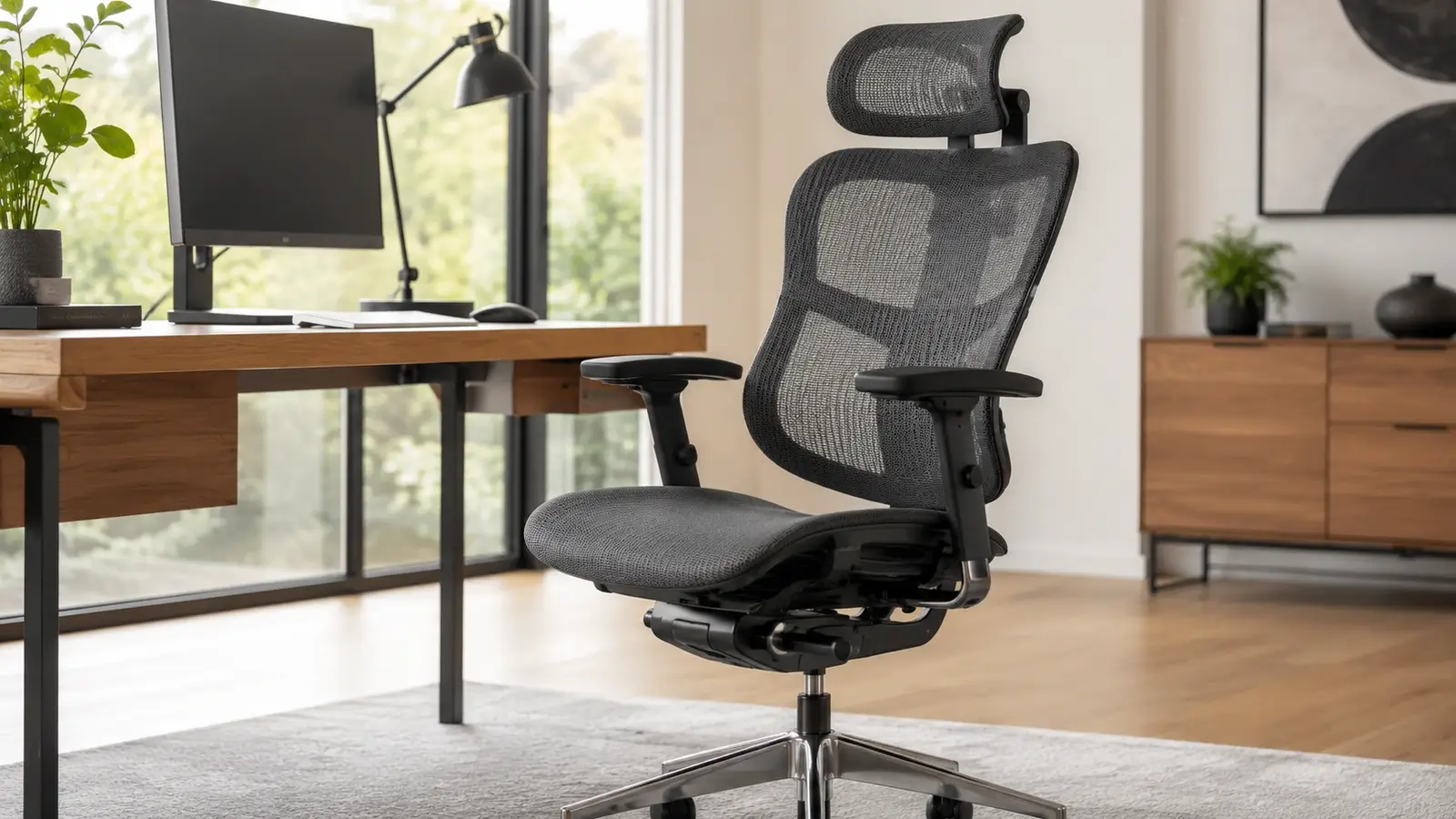 Ergonomic mesh office chair featured in a bright minimalist home office with a wooden desk and large window.