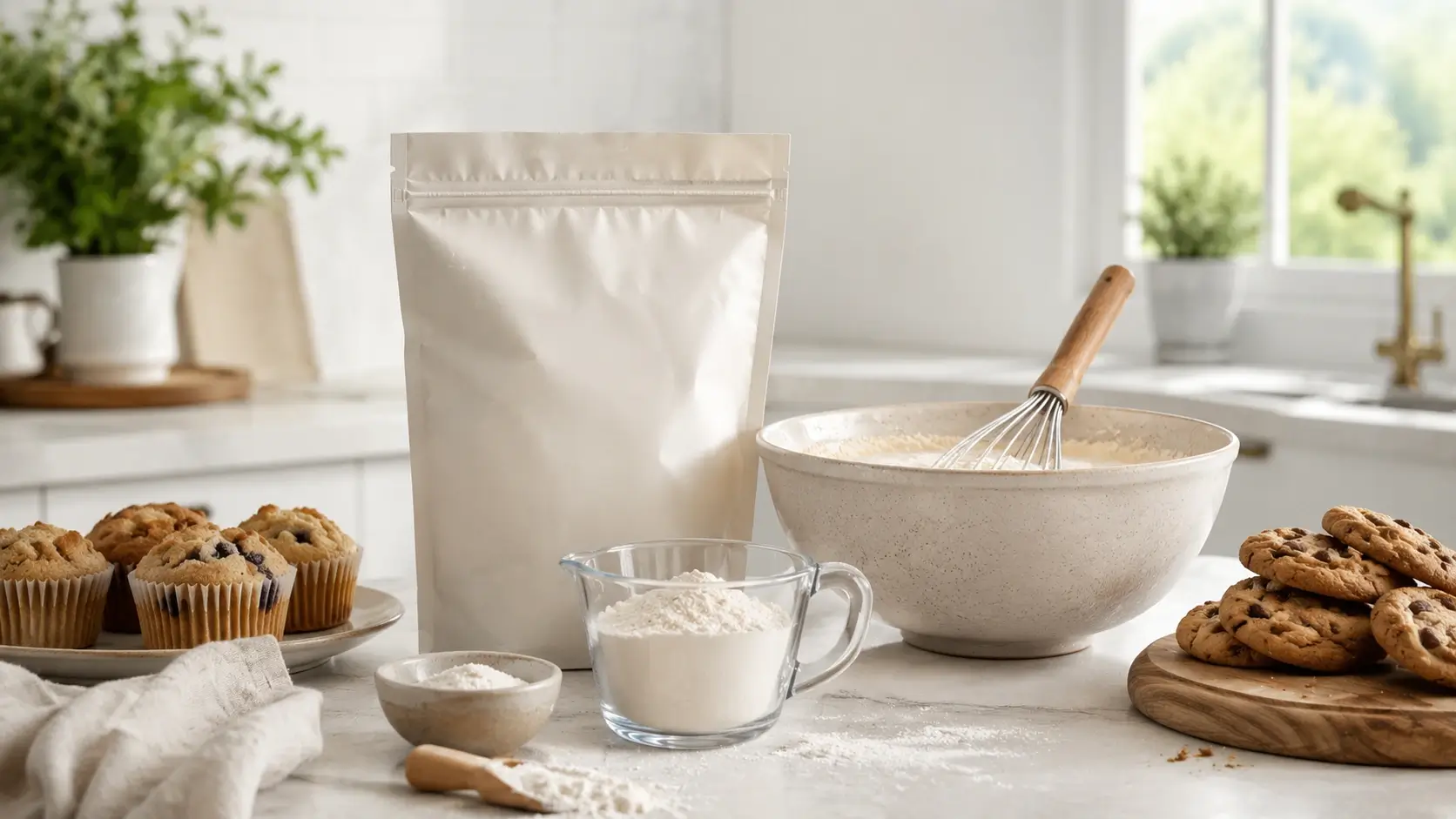 A bright kitchen hero image that highlights gluten-free baking ingredients and a fresh home-baking environment.