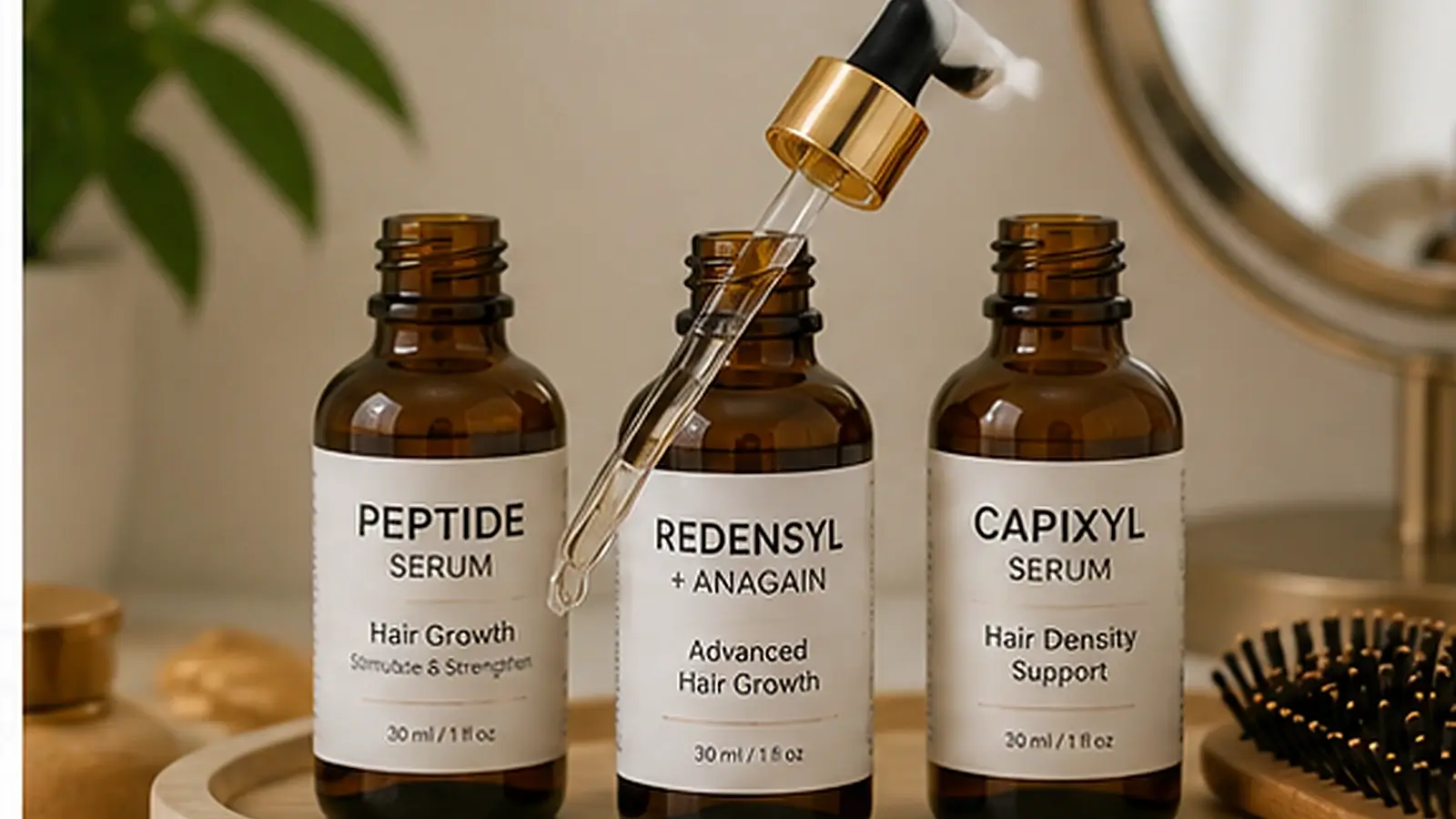 Realistic hair growth peptide serums hero image showing premium dropper bottles and a hairbrush arranged on a modern vanity.