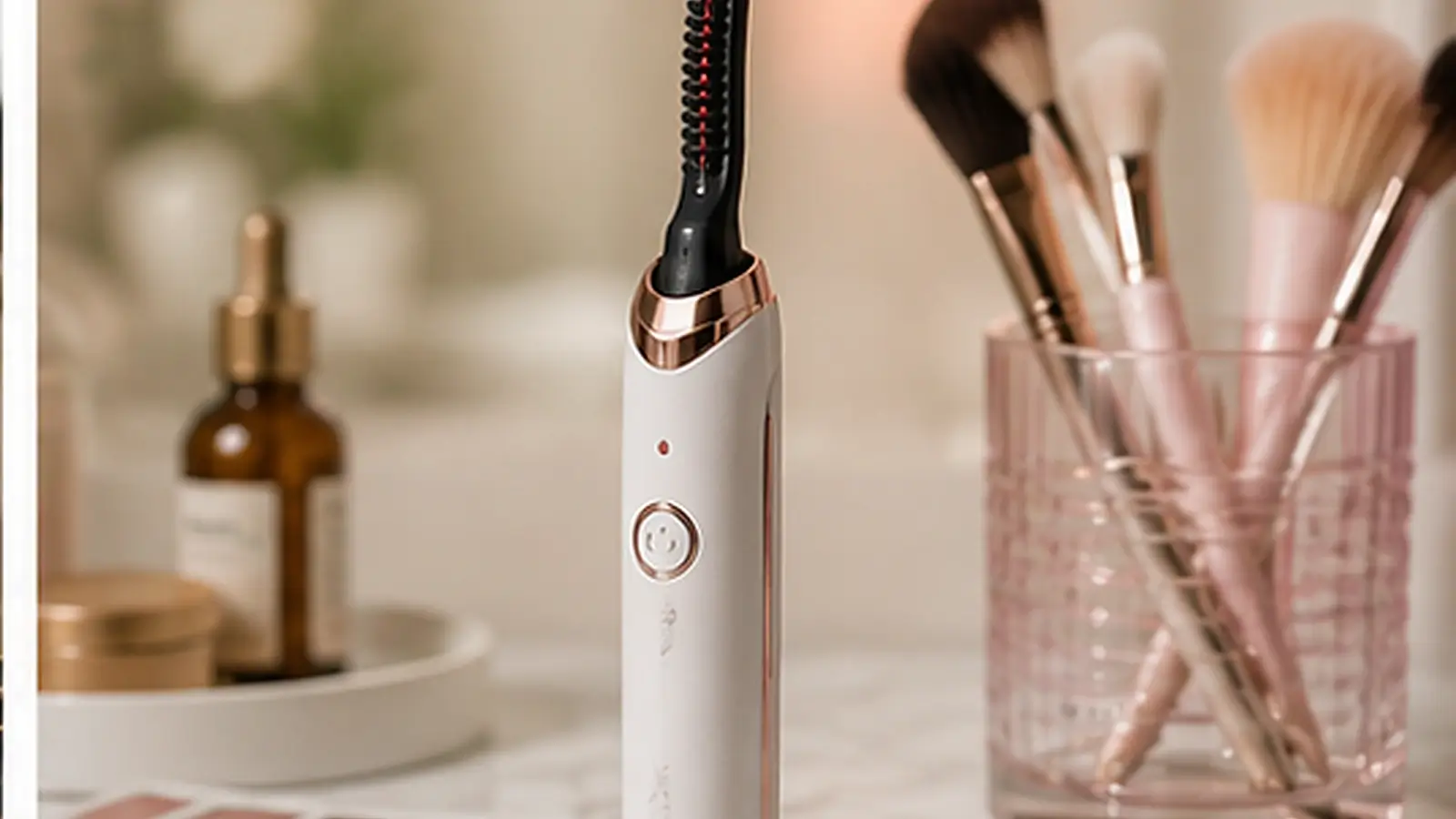 Realistic heated eyelash curler hero image featuring a sleek electric lash styling tool displayed on an elegant makeup vanity.