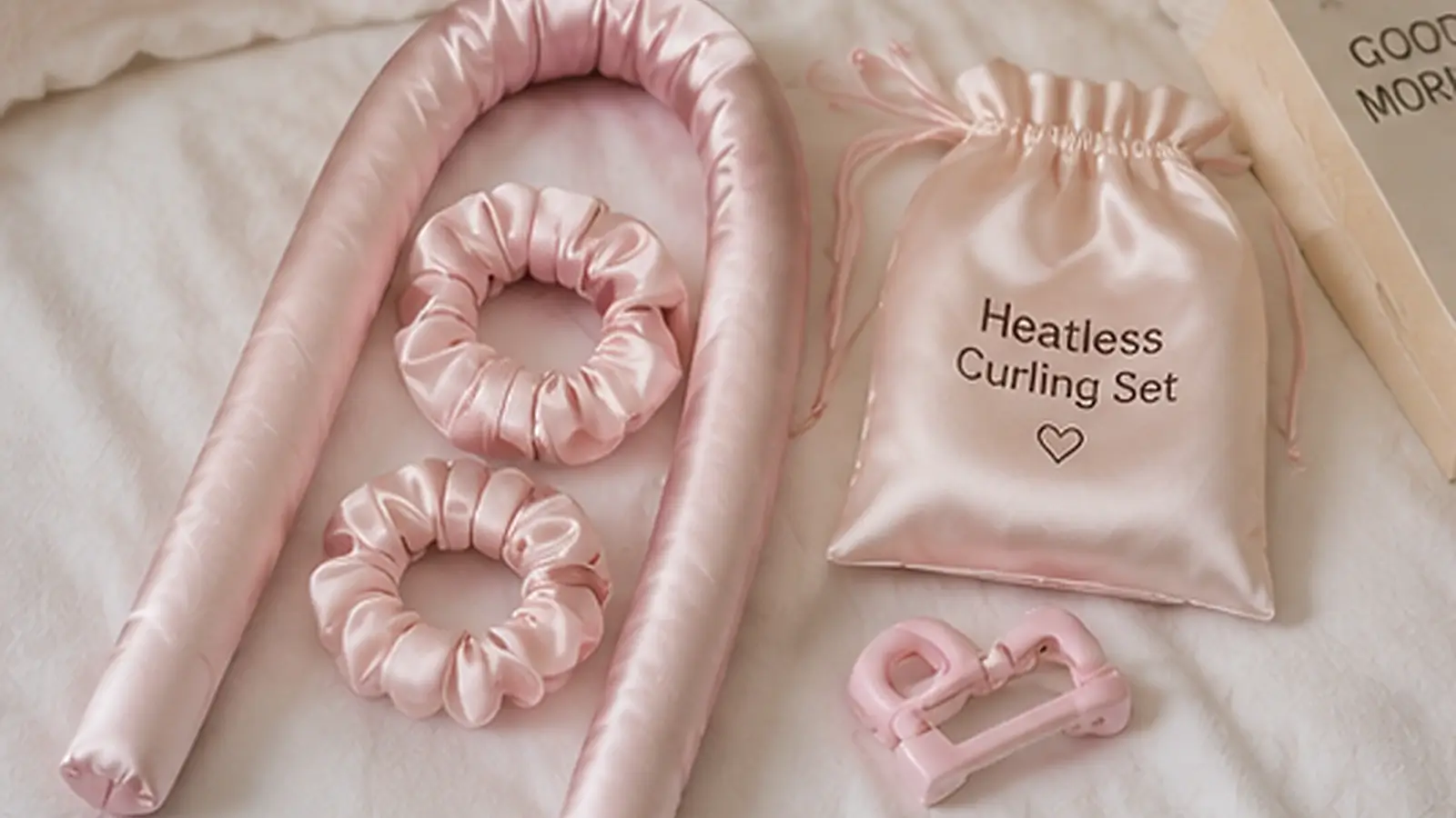 Realistic satin heatless curling set hero image showing a soft curling rod, satin scrunchies, clips, and storage pouch arranged on a cozy bed.