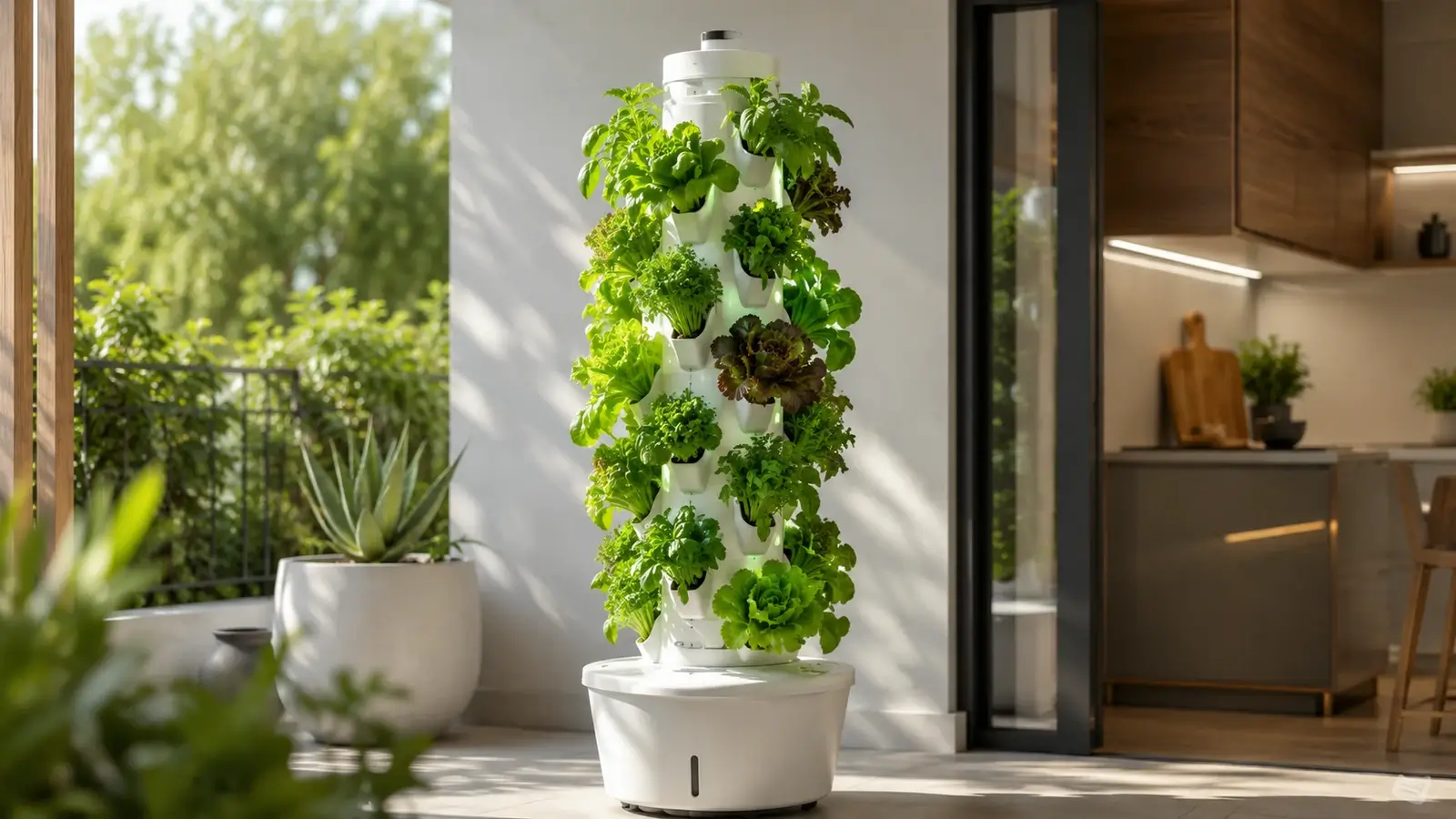 Hero image of hydroponic tower gardens placed in a bright modern space, featuring a real vertical growing system with healthy plants.