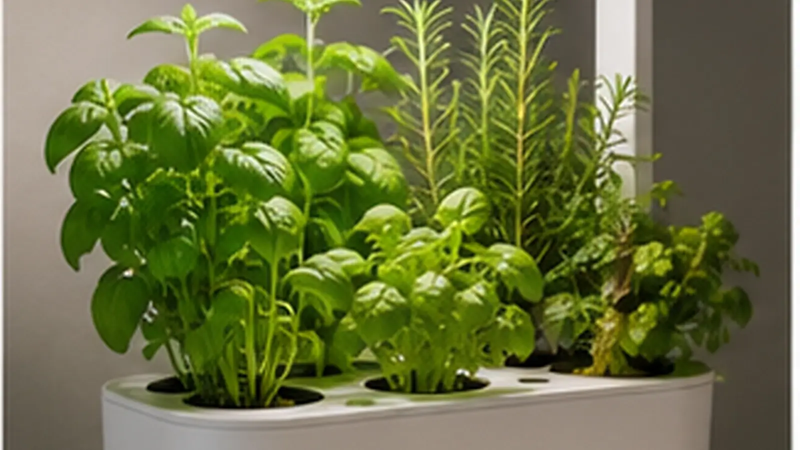 Realistic smart indoor herb garden hero image showing fresh basil and herbs growing under an integrated LED light in a modern countertop planter.