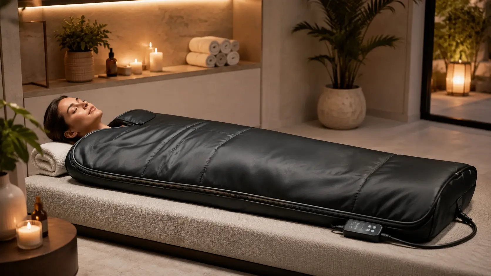 Premium infrared sauna blanket setup in a cozy spa-inspired interior with warm, relaxing ambiance.