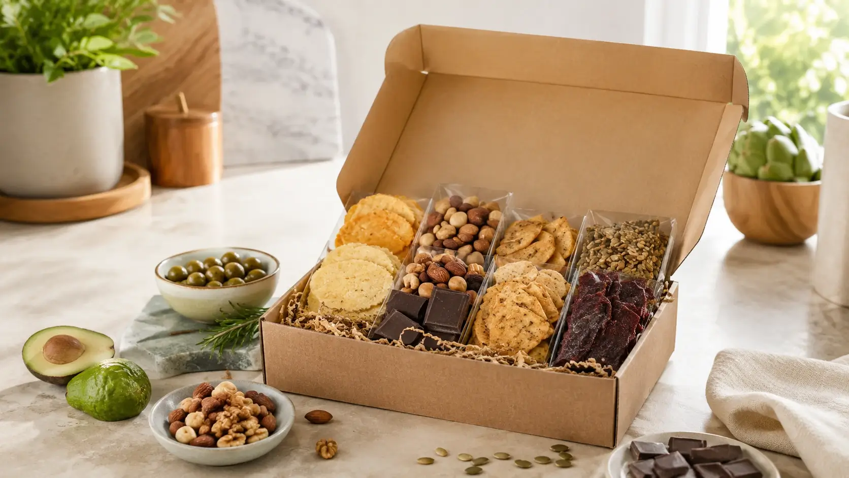 A lifestyle hero image featuring a keto-friendly snack box on a cozy countertop, styled to feel healthy, convenient, and premium.
