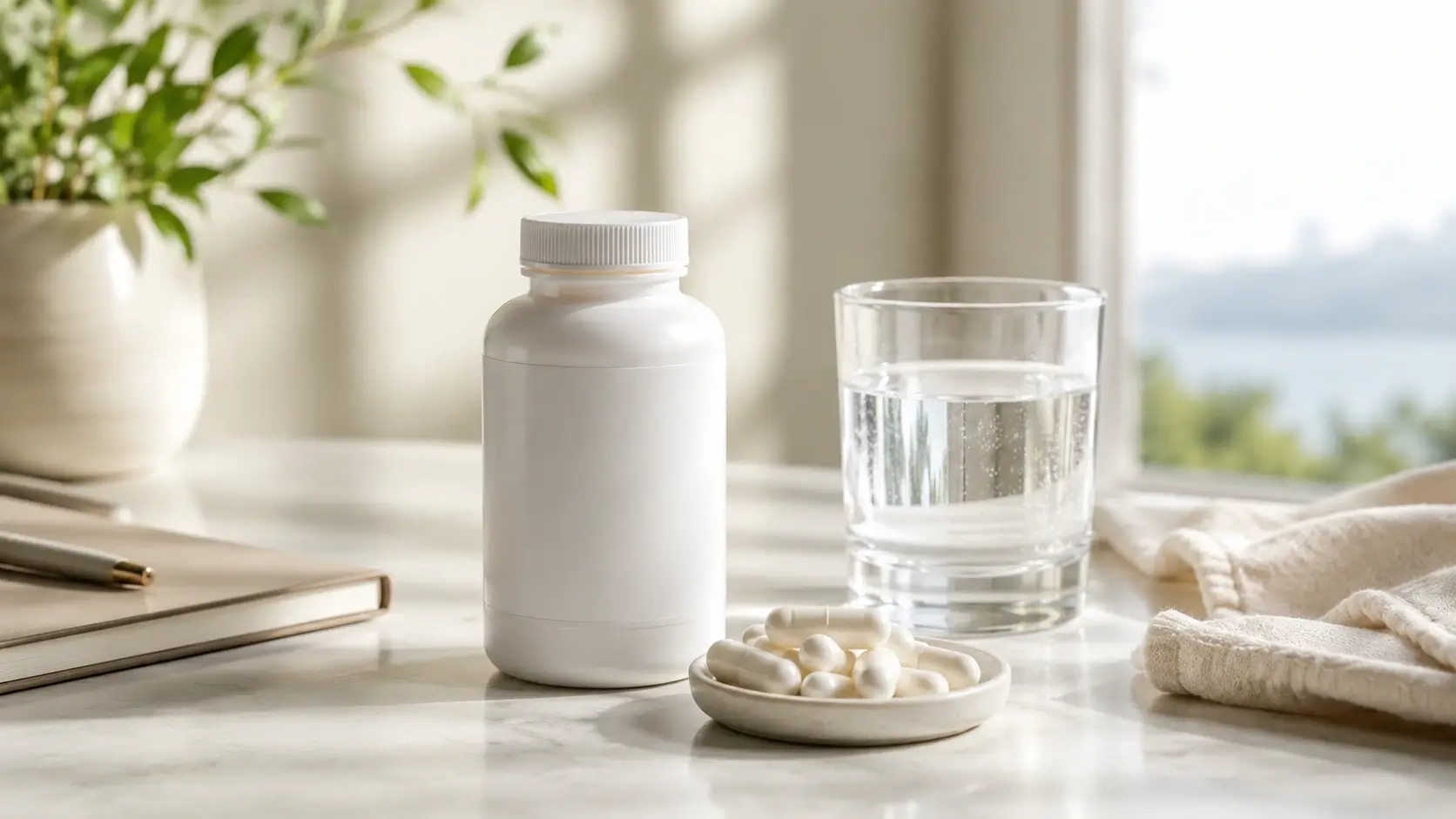 A premium wellness hero image with magnesium glycinate supplements arranged in a serene still-life composition with clean, calming details.