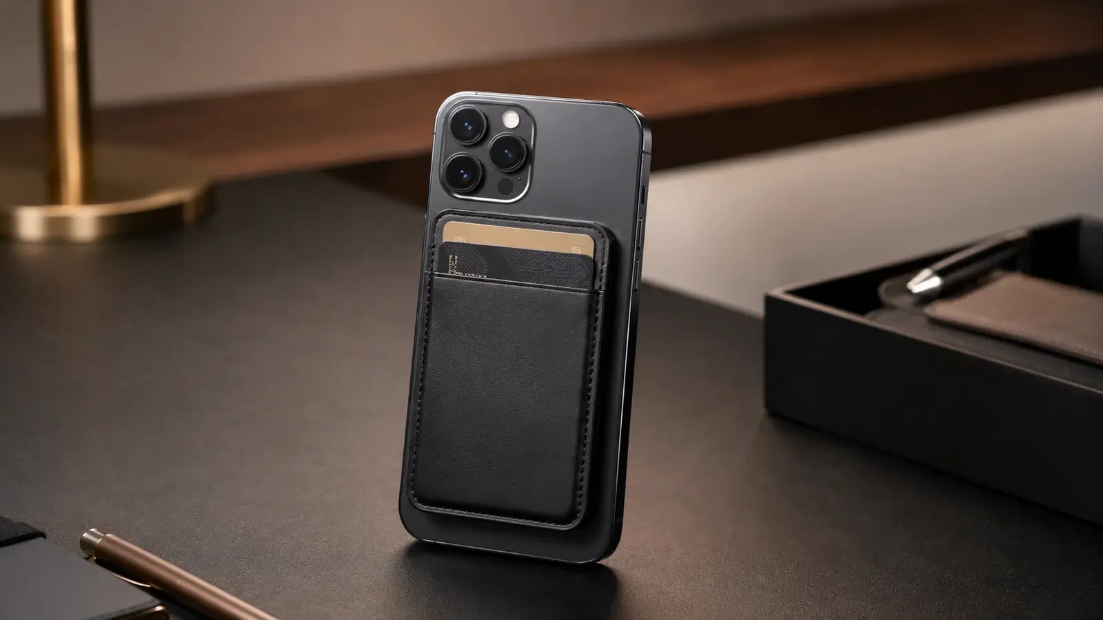 Slim modular MagSafe wallet attached to a premium smartphone on a clean modern desk with warm studio lighting.