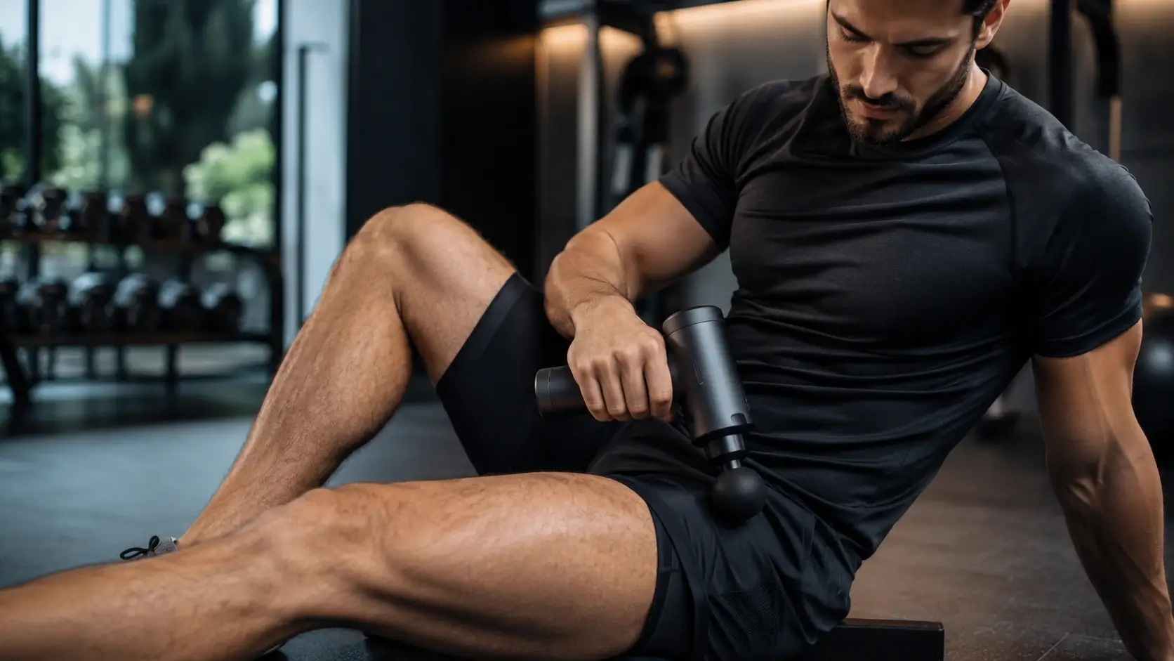 Athletic recovery scene featuring a percussive massage gun in a sleek modern gym environment.