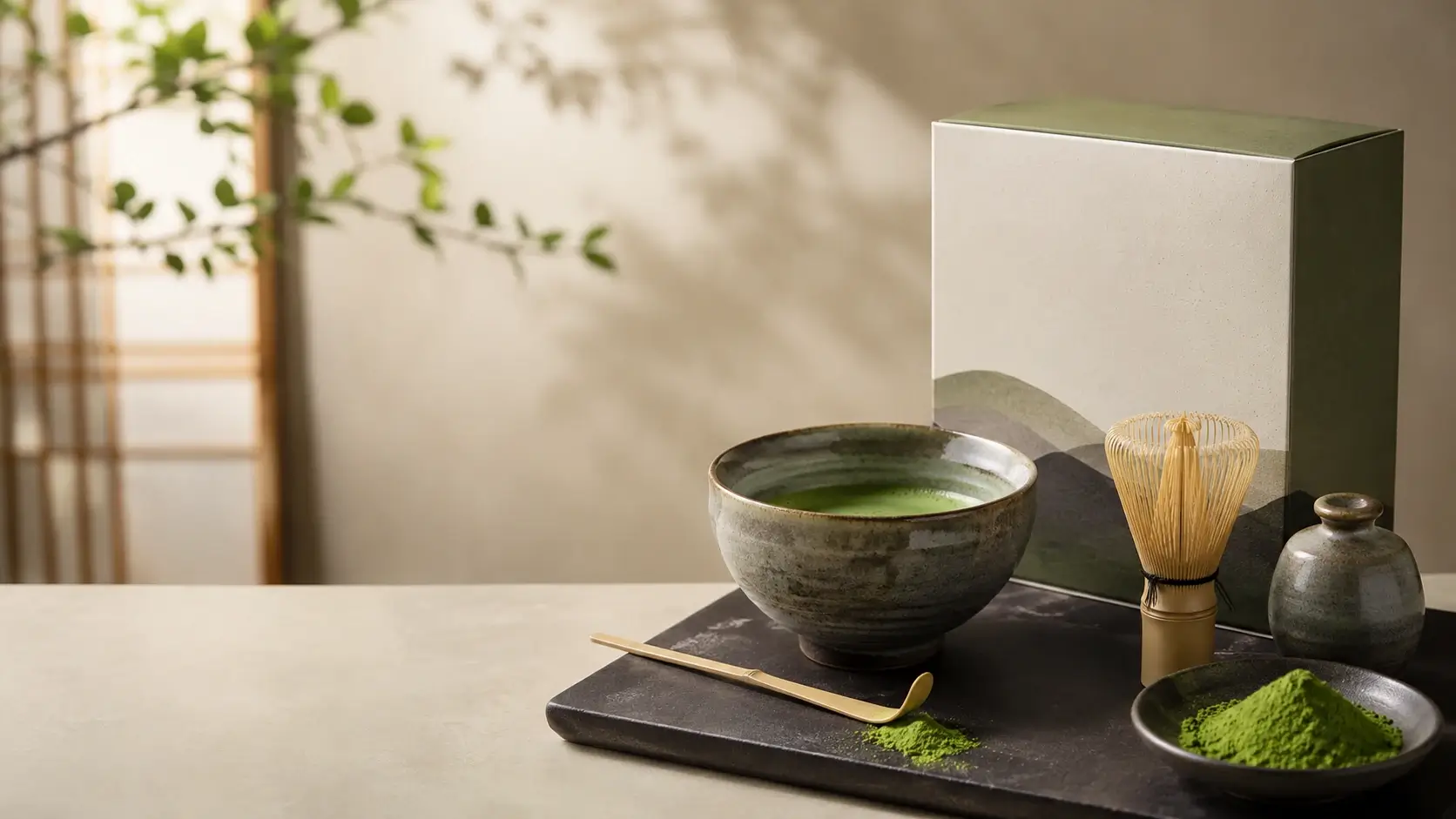 A serene hero image showing a ceremonial matcha kit with a bowl, whisk, and vibrant green matcha arranged in a clean, premium tea ceremony setting.