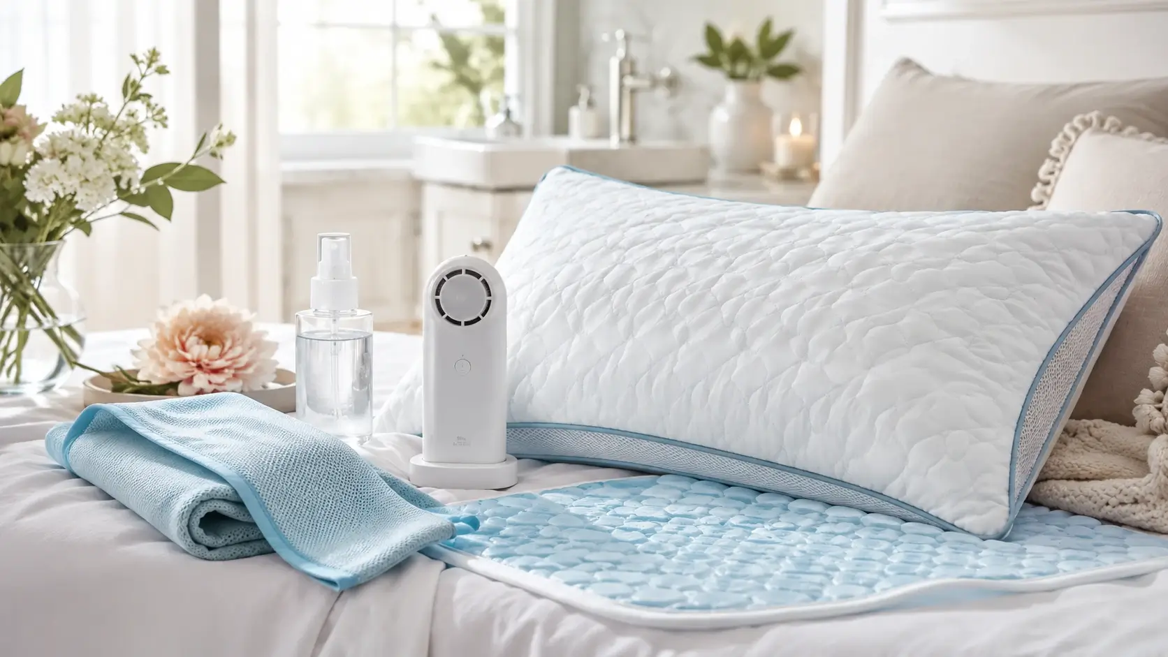 Soft neutral wellness scene styled for menopause cooling products with a calming spa aesthetic.
