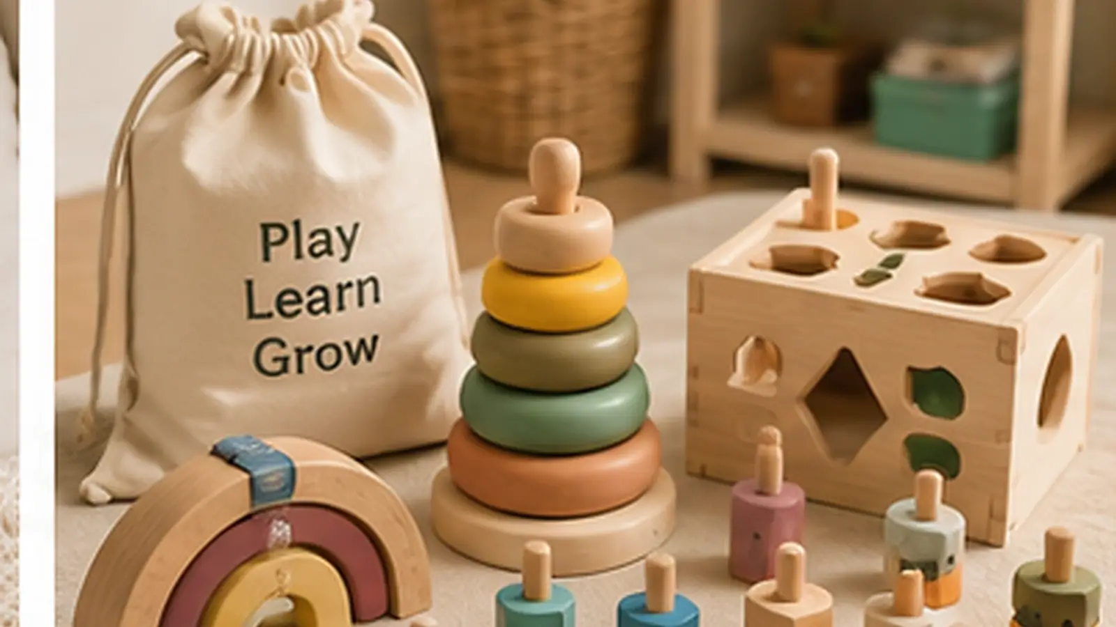 Realistic Montessori wooden toys hero image featuring stacking rings, shape sorters, rainbow blocks, and educational wooden play pieces in a warm nursery.