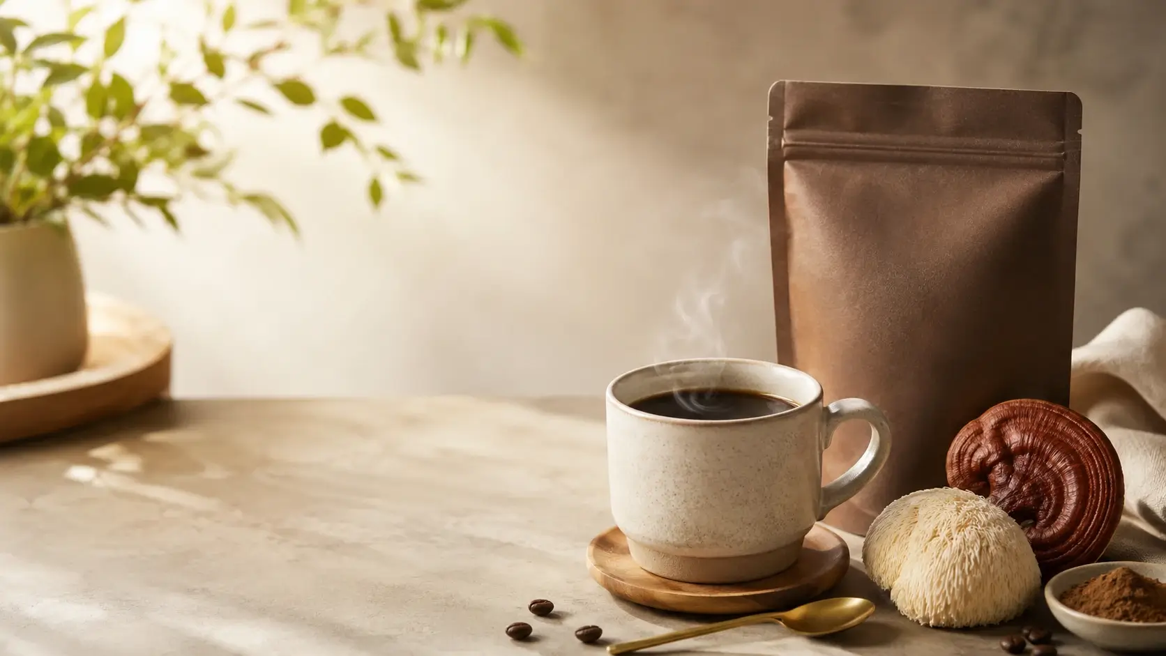 A cozy hero image featuring a warm mug of mushroom coffee on a stylish surface with earthy decor, natural textures, and a calm premium wellness mood.