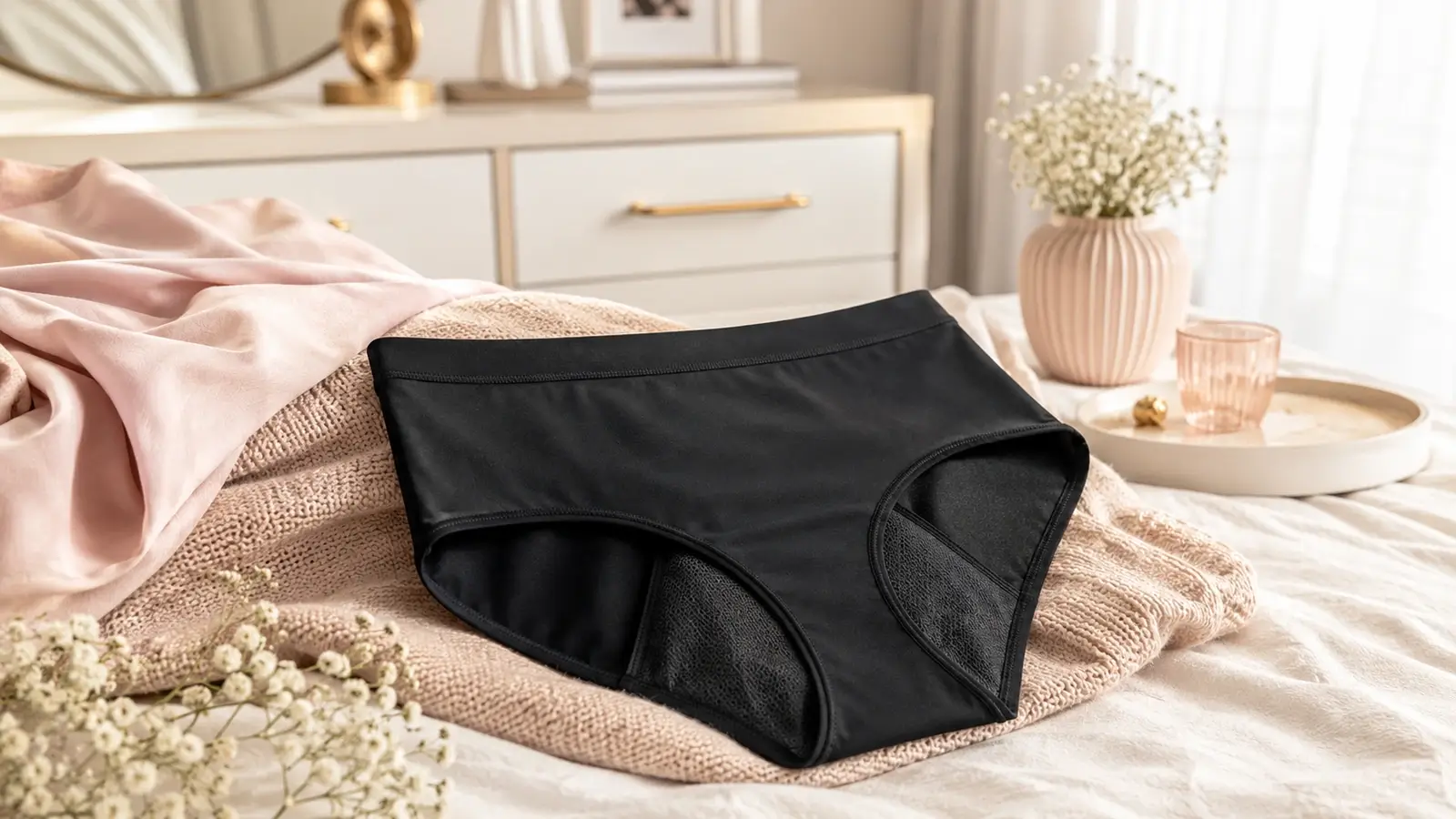 A soft neutral boudoir-style lifestyle image representing leakproof period underwear with comfort-focused styling.