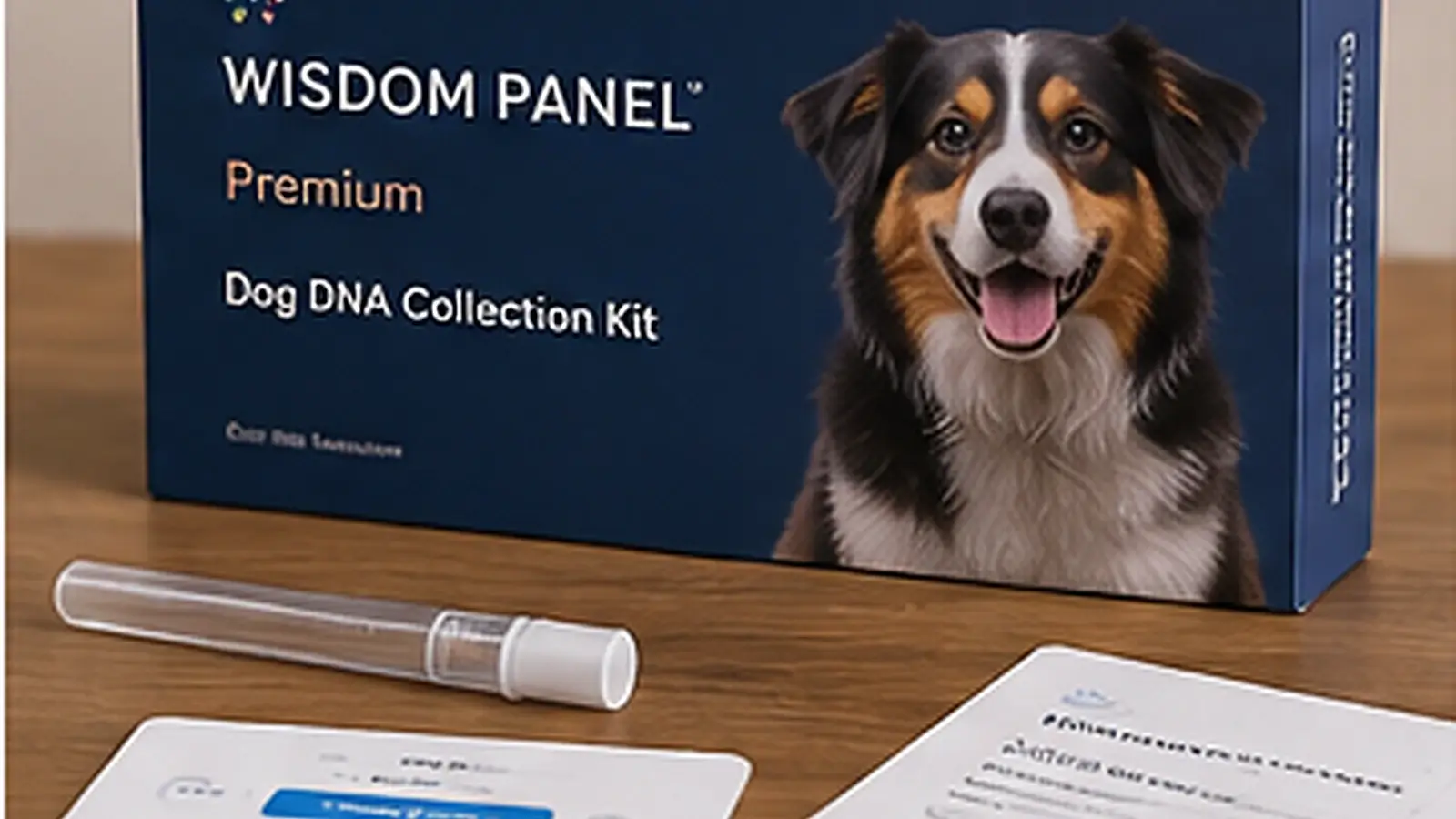 Realistic pet DNA health kit hero image featuring a dog, sample collection swab, testing kit, and pet health materials in a clean home setting.