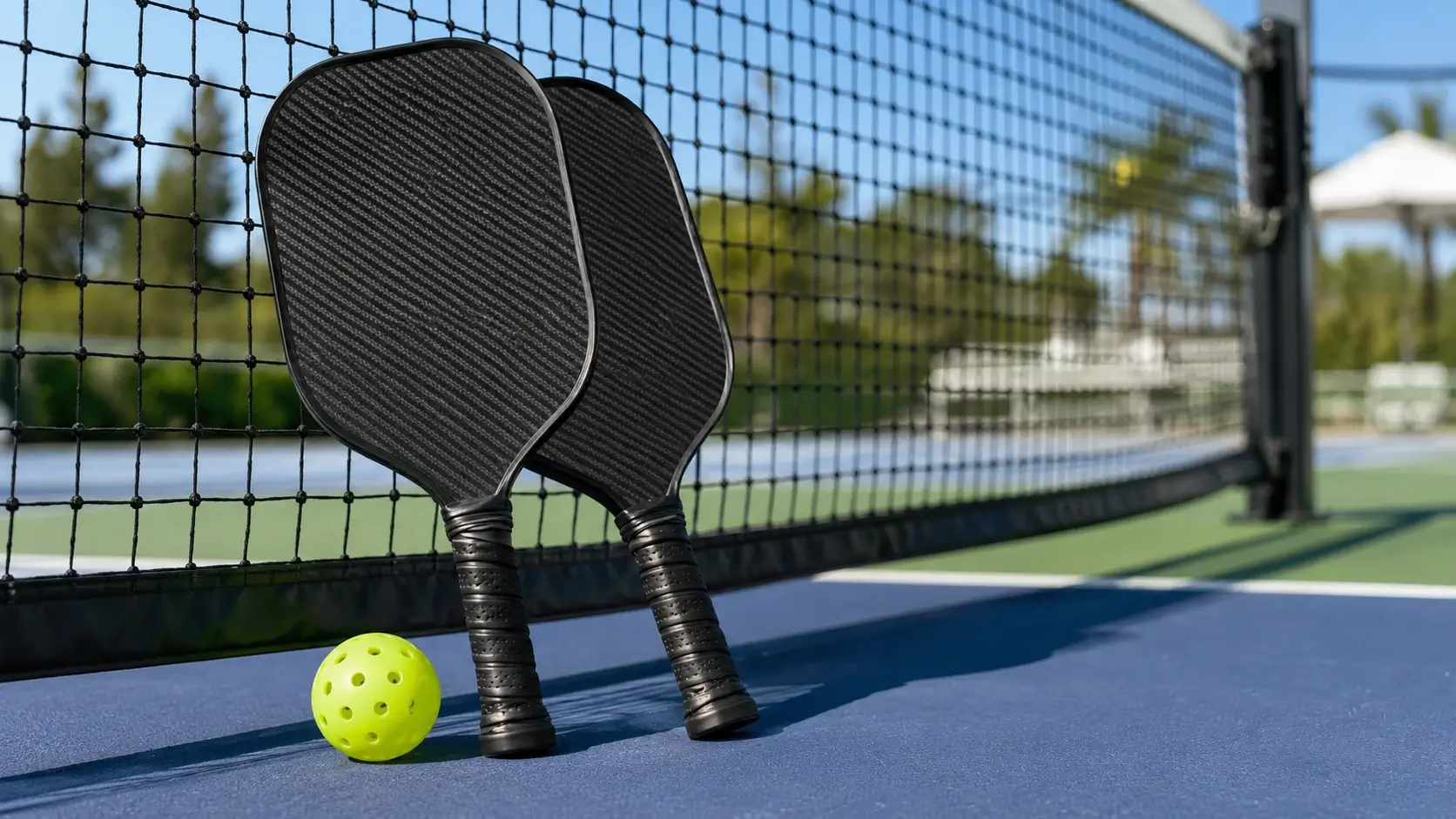 Sunlit pickleball court featuring carbon fiber paddles and ball in a clean premium sports hero composition.