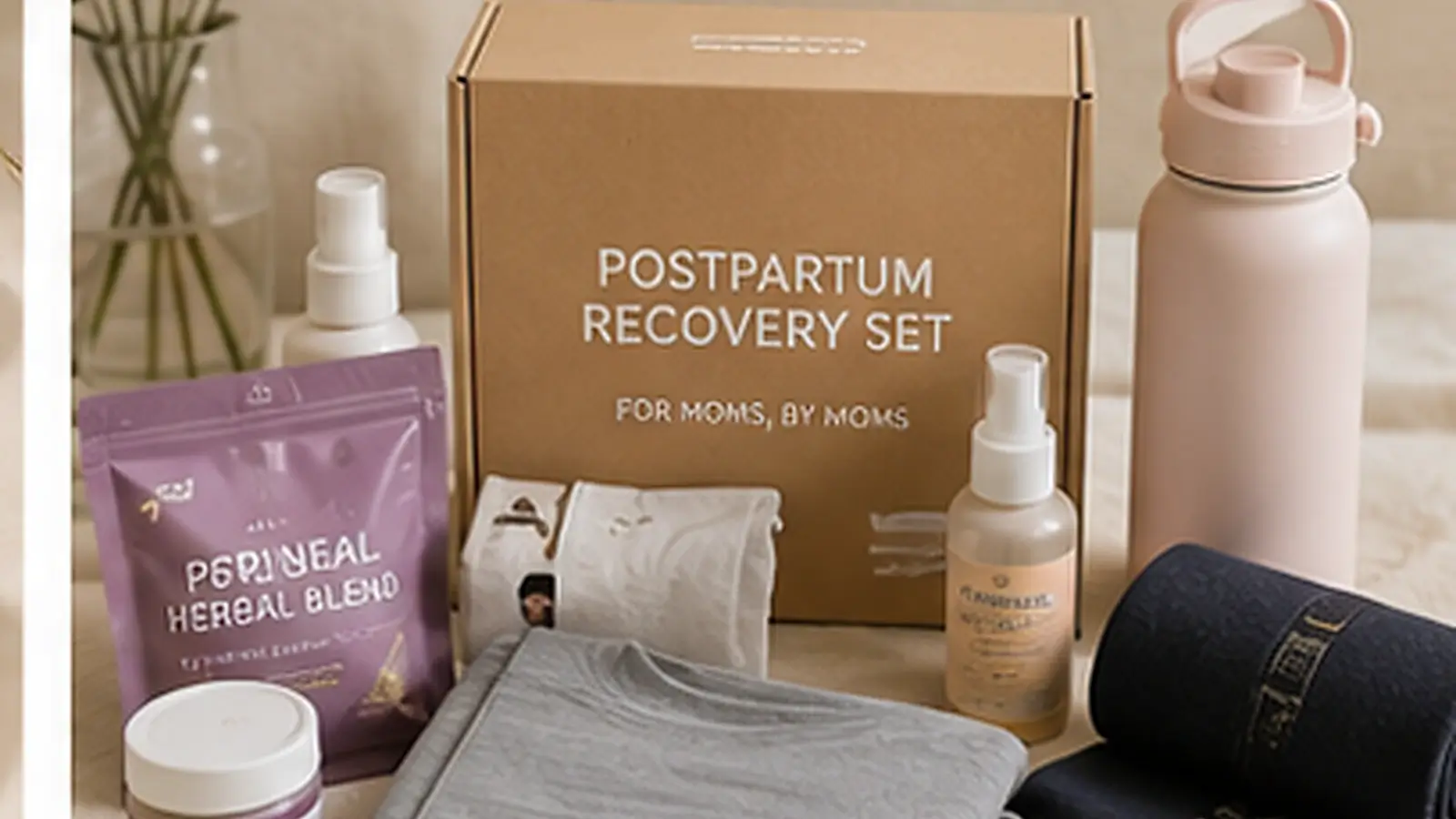 Realistic postpartum recovery set hero image featuring comfort garments, care products, a reusable bottle, and recovery essentials arranged in a calm home setting.