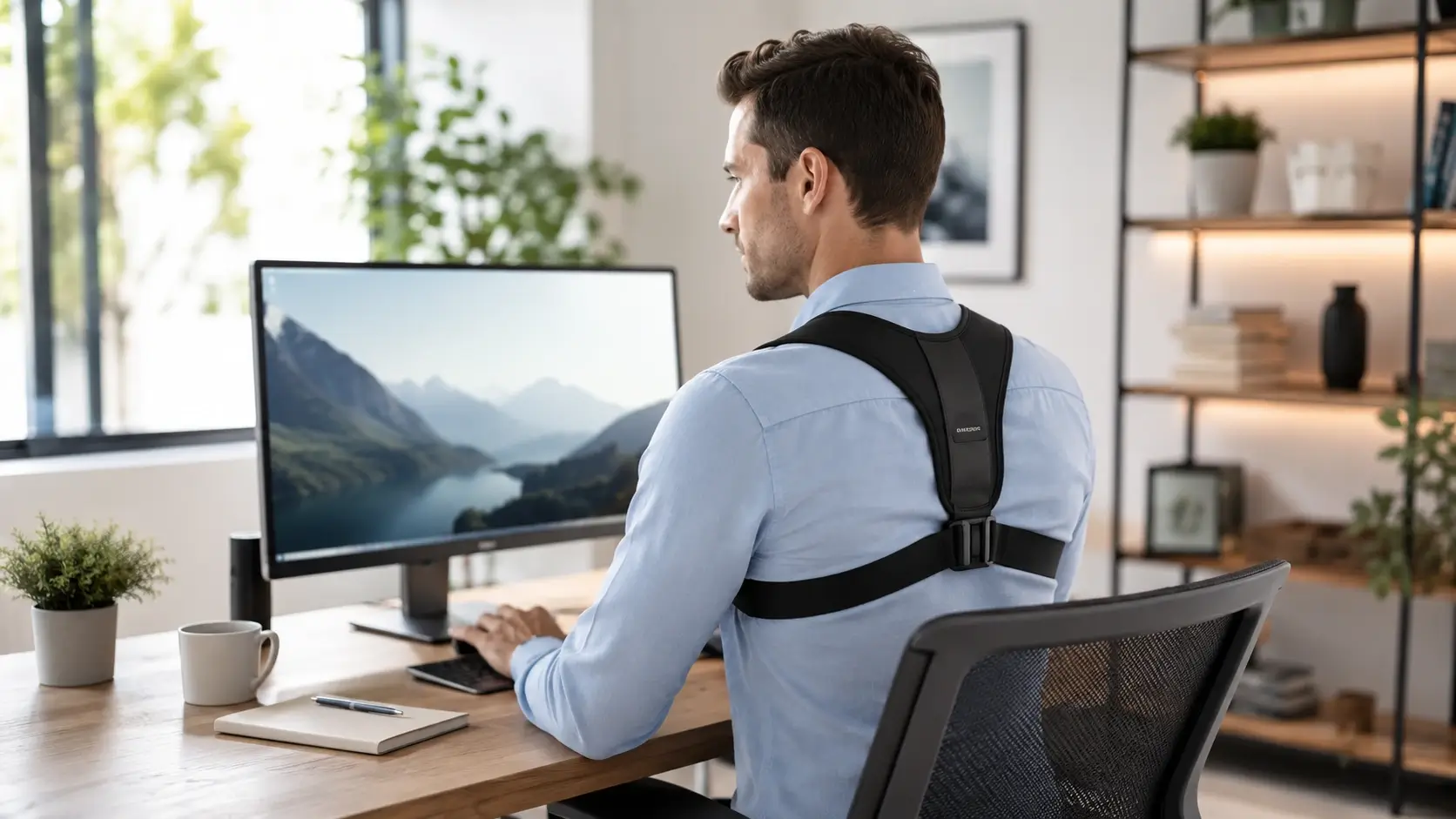 Professional working comfortably in a serene home office, representing smart posture corrector technology.