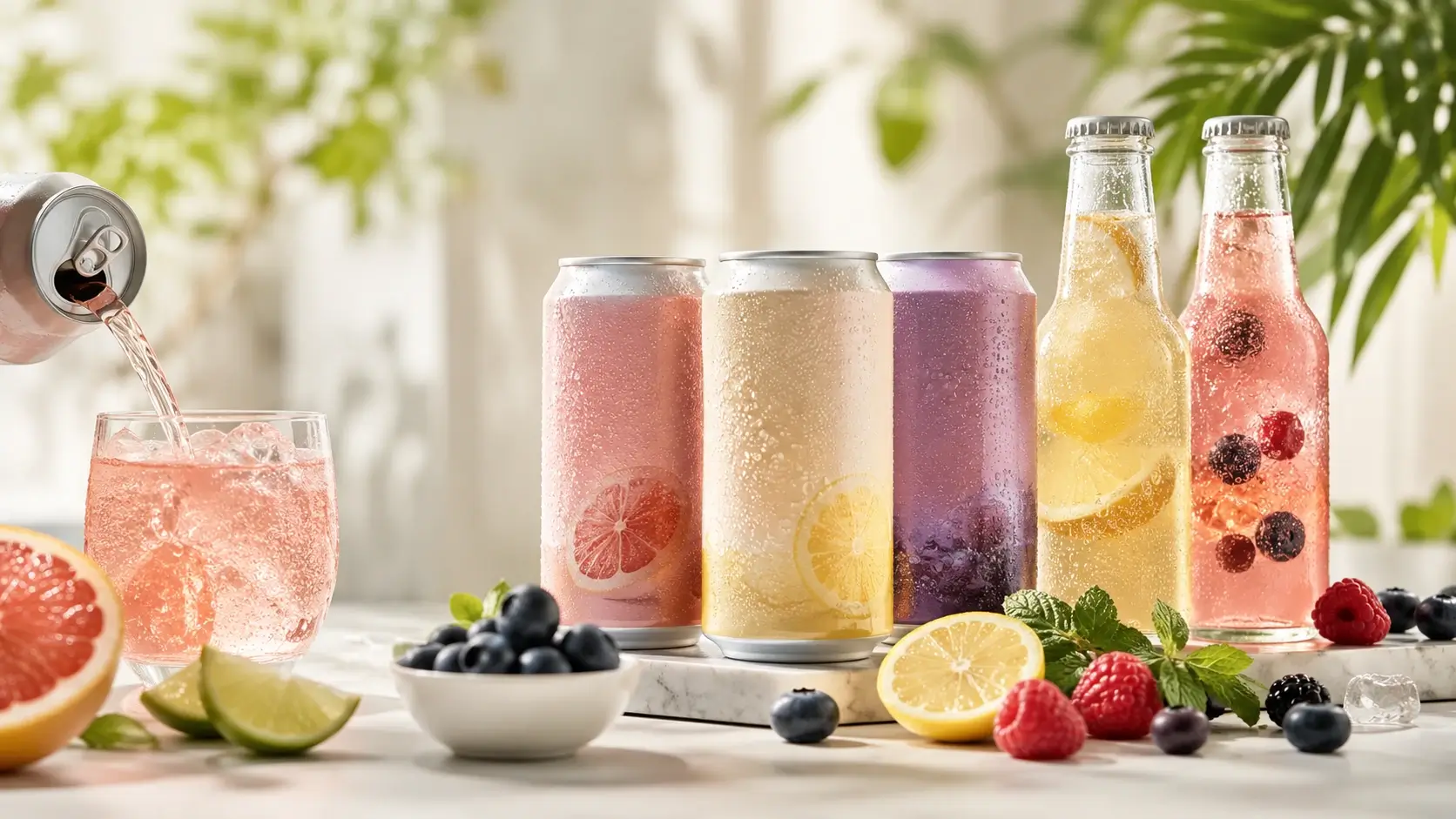 A bright hero image of colorful prebiotic sodas surrounded by fresh fruit, creating a refreshing and wellness-focused beverage scene.