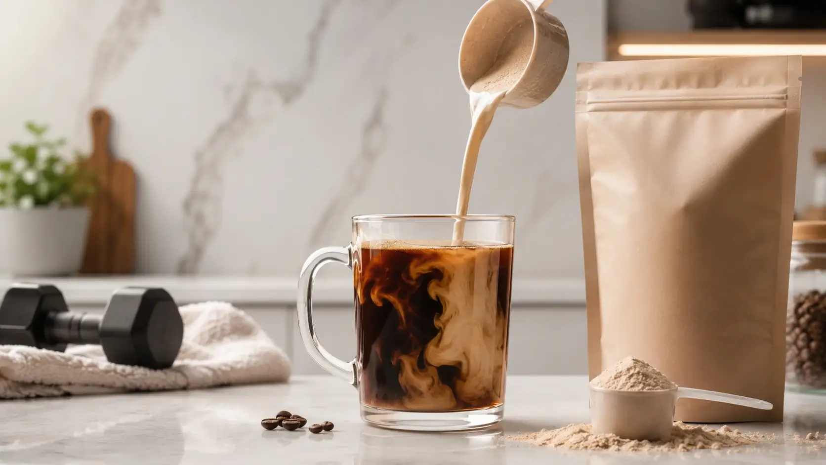 A clean hero image featuring coffee and protein creamer styled on a modern countertop with a health-focused, energizing lifestyle feel.