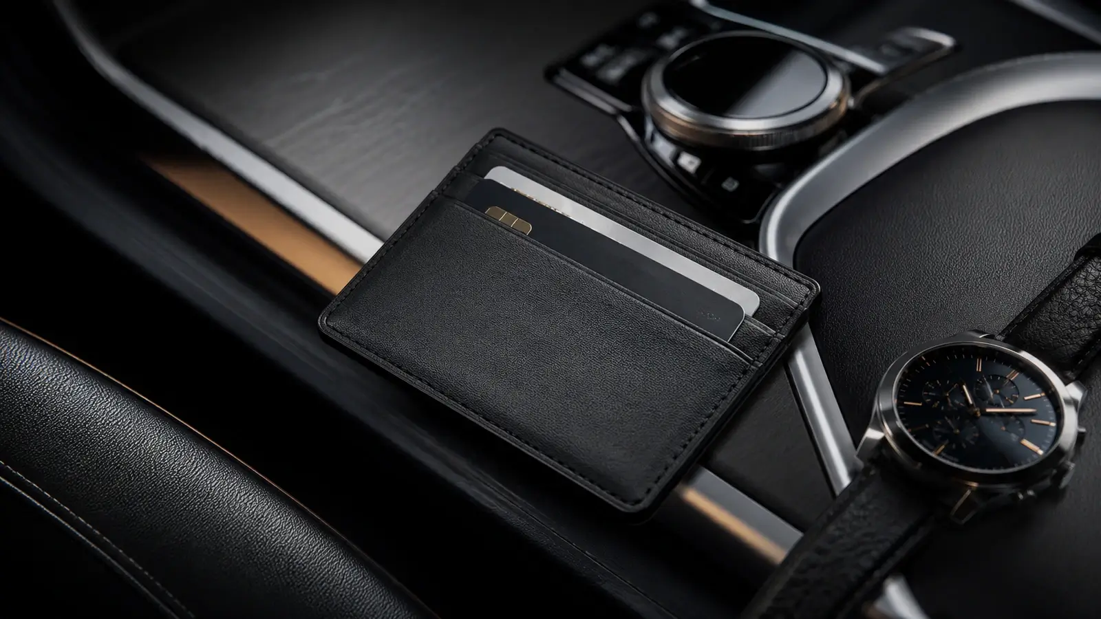 A slim RFID-blocking wallet styled in a luxurious automotive setting with modern premium details.