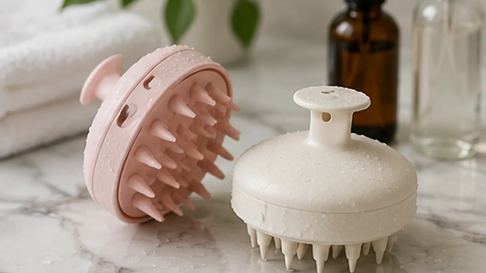 Realistic scalp stimulating massagers hero image featuring soft silicone scalp brushes arranged in a clean spa-inspired bathroom setting.