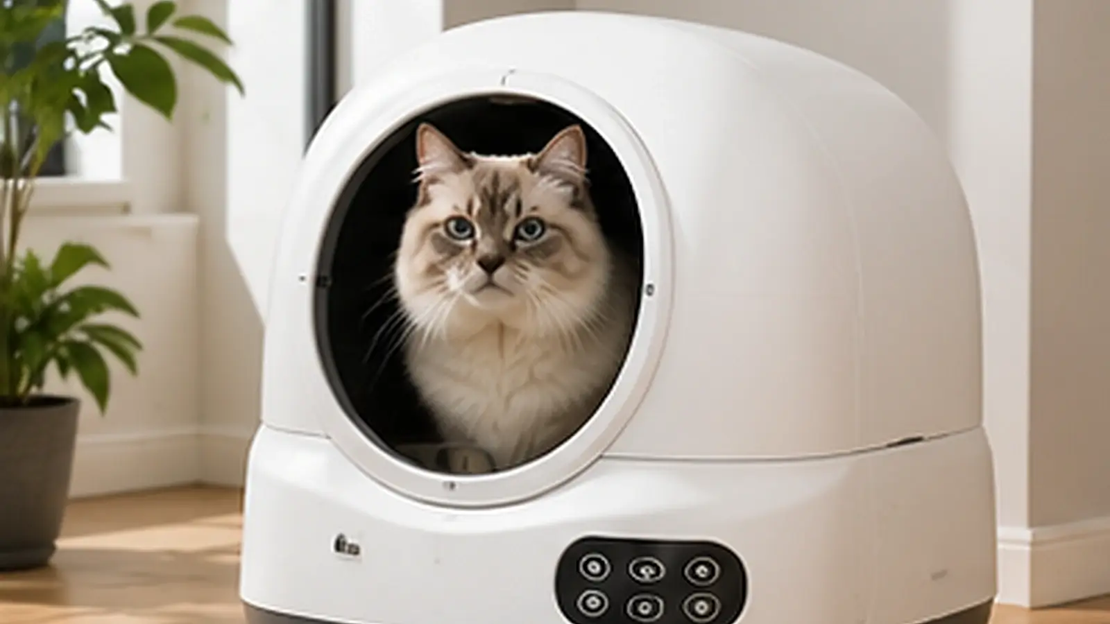 Realistic self-cleaning litter box hero image showing a cat inside a modern automatic litter box in a clean and bright home interior.